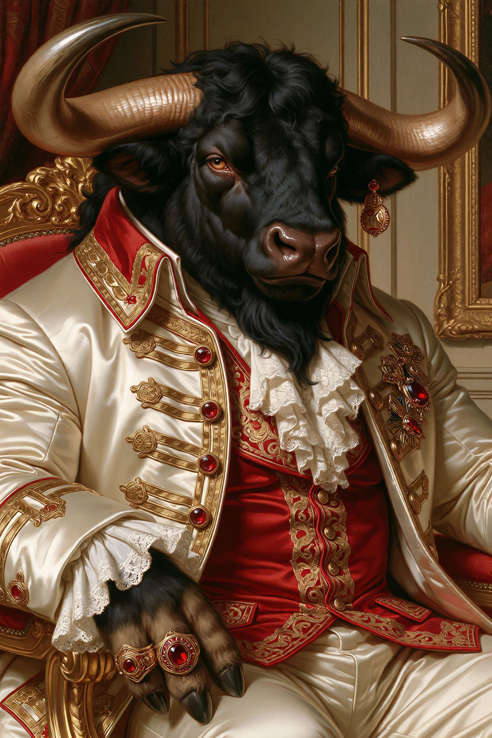 sacredmenag,  enormous ***** minotaur dressed as an aristocratic nobleman,  massive black bull head with polished curling...