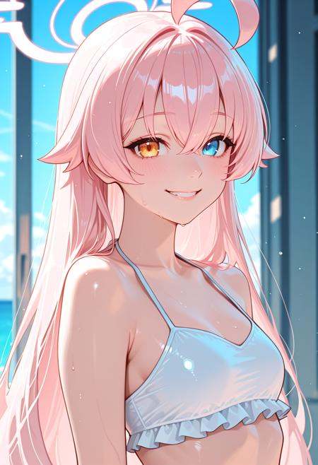 masterpiece, newest, absurdres, best quality, hires, 1girl, upper body, smile, takanashi hoshino, \(blue archive\), bikini