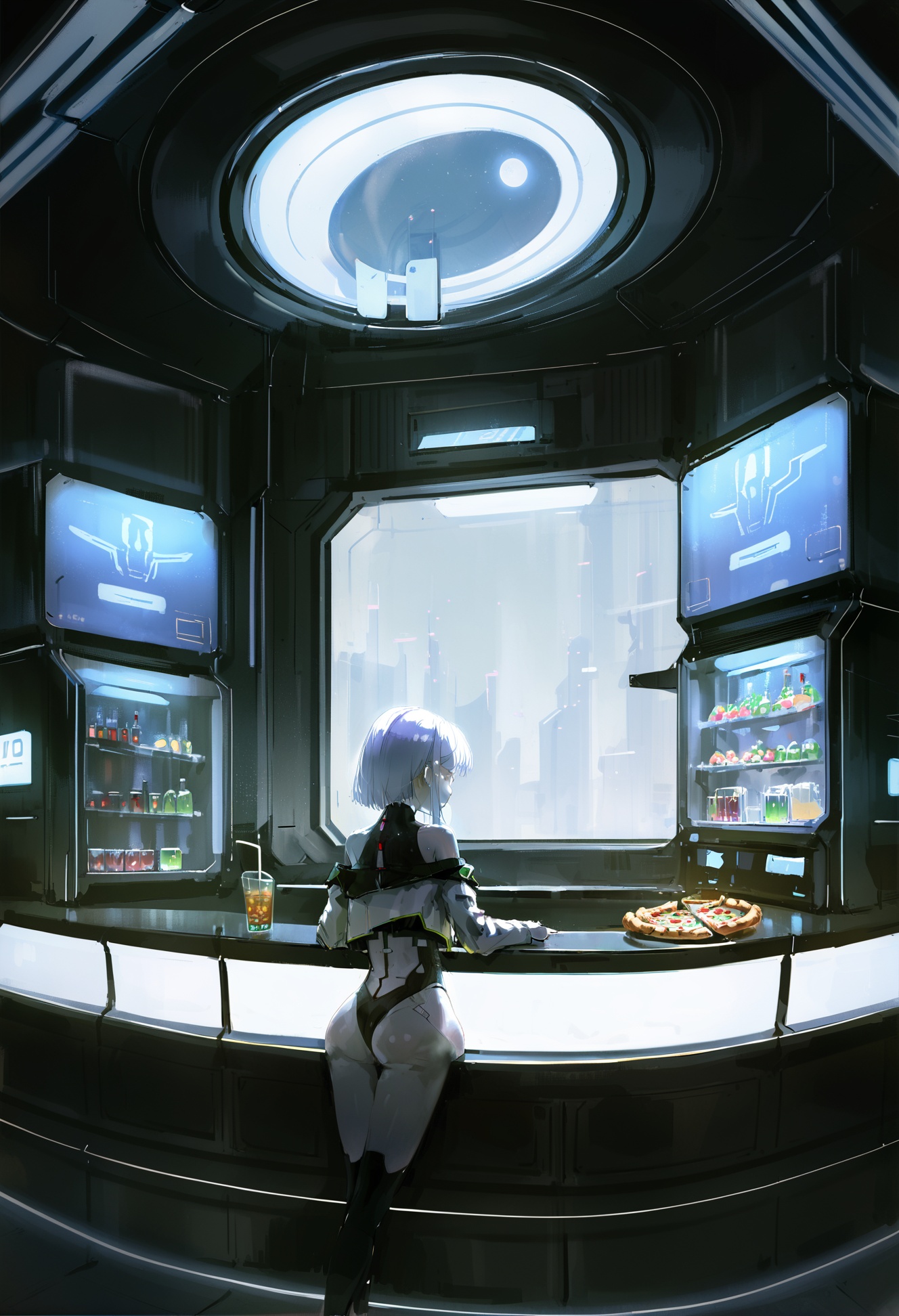 masterpiece, best quality,1girl, lucy \(cyberpunk\),  solo, indoors, scenery, short hair, jacket, sitting, science fiction, white hair, wide shot, off shoulder, moon, window, pale skin, white jacket, pizza, leotard, counter, drink, from behind, long sleeves, copyright name, bare shoulders, drinking straw, thigh cutout, black leotard, cropped jacket, back, cyborg, clothing cutout, bar \(place\), food <lora:DInoballXLlokr8f-000185:0.95>