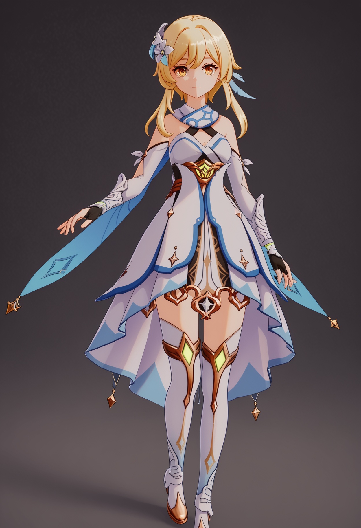 (standing full_body:1.1),score_9,score_8_up,masterpiece,(best quality),intricate details,facing viewer,(looking at viewer:1.1),<lora:YQ_pony_ying_V4:0.8>,q1528437228,1girl,solo,lumine (genshin impact),blonde hair,hair ornament,dress,hair flower,white dress,short hair with long locks,detached sleeves,yellow eyes,scarf,sidelocks,feather hair ornament,gloves,white thighhighs,boots,BREAKscore_9,score_8_up,masterpiece,(best quality),perfect anatomy,(hourglass),perfect face,(simple background,pure black background,black background:1.1),fair_skin,shiny_skin,Ivory_skin,