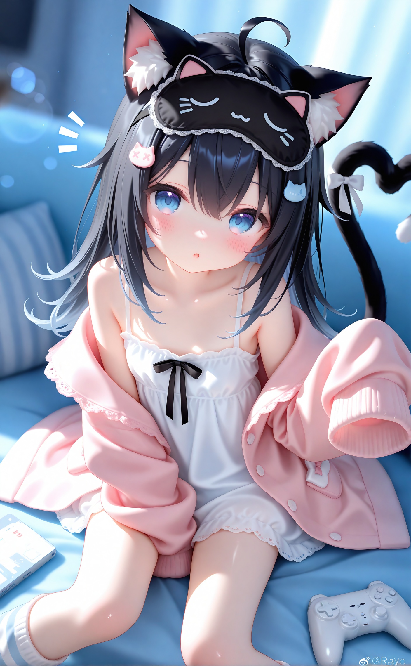 masterpiece,very aware,highres,absurdres,newest,best quality,high quality,loli,petite,chromatic_aberration,Light Blue Theme,lens_flare,dynamic_angle,cinematic_angle,//,1girl,solo,long hair,looking at viewer,blush,bangs,blue eyes,black hair,hair ornament,long sleeves,dress,bow,animal ears,hair between eyes,bare shoulders,sitting,collarbone,jacket,tail,ahoge,heart,parted lips,food,open clothes,socks,puffy sleeves,virtual youtuber,cat ears,signature,off shoulder,white dress,:o,open jacket,cat tail,animal ear fluff,sleeves past wrists,pillow,mask,feet out of frame,white bow,cat girl,camisole,puffy long sleeves,sleeves past fingers,heart hair ornament,tail ornament,notice lines,controller,mask on head,pink jacket,loose socks,cat hair ornament,white camisole,striped socks,eye mask,heart tail,sleep mask //,official art,depth of field,detailed light,blurry background,best shadow,shiny skin,cinematic lighting,ray tracing,amazing quality,very aesthetic,absurdres,
