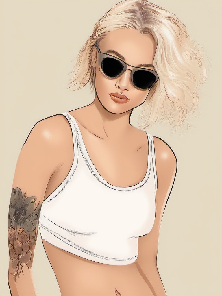 1NK ,  ,  The image shows a young woman with long blonde hair and tattoos on her arms and legs. She is wearing a white cro...