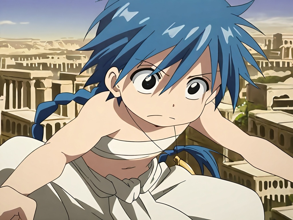 <lora:Aladdin_XL:1>,explicit,Aladdin,(best quality:1),(best detail:1),(masterpiece:1),flying in the ancient ruins,in mid-air,(ride on a white cloth:1.6),male focus,1boy,solo,(toddler:1.1),(petite:1.4),short hair braid head,blue hair,black eyes,big_eyes,thin eyebrows,perfect hands,(5fingers:1.1),with a golden flute around his neck,blue clothes,white cloth chest wrap,white pants,correct anatomy,kind_smile,animation style,available light,(incredibly absurdres:2),