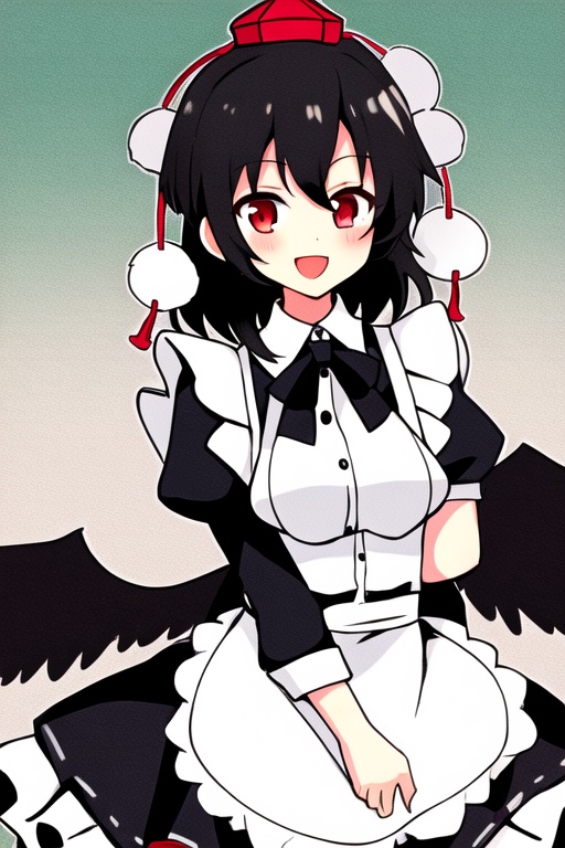 shameimaru aya,1girl,hat,solo,pom pom \(clothes\),red eyes,black hair,smile,open mouth,wings,<lora:aya5:1>,(maid:1.2),