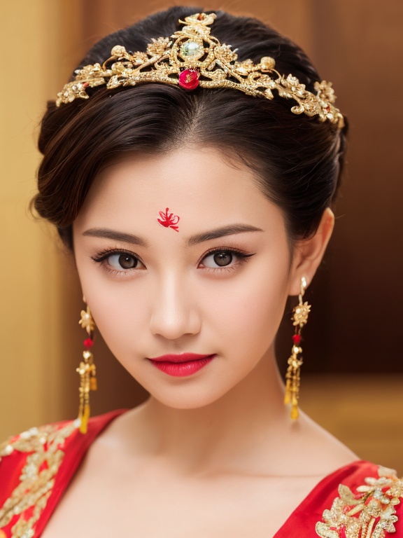 ((huadian)),close-up,High detail RAW color front view Picture of a stunning beautiful chinese girl,((light_smile)),((solo_focus,centered,looking at viewer:1.3)),(face_focus:1.2),((Her low-tied_updo with jewelry_accessories)),very_long_chain_earrings_with_green_drop,tiara,tassel,((intricated hair_ornament:1.2)),pale_skin,kanzashi,lipstick,chinese clothes,hair stick,parted lips,black_hair,ancient,gold embroidery,((intricated details:1.2)),((32k,RAW photo,best quality, masterpiece:1.2)),(photorealistic,Realistic:1.37),cinematic lighting,film still,atmosphere,ultra-detailed_face,detailed_eyes,long eyelashes,ultra-detailed skin and clothes,<lora:huadian_20240408133132:0.9>,{{forehead tassels_accessories hanging from tiara,forehead jewel:1.3}},jewelry_accessories_on_forehead,forehead,headwear,((Her divine attire is resplendent with jewels)),fire_forehead_mark,