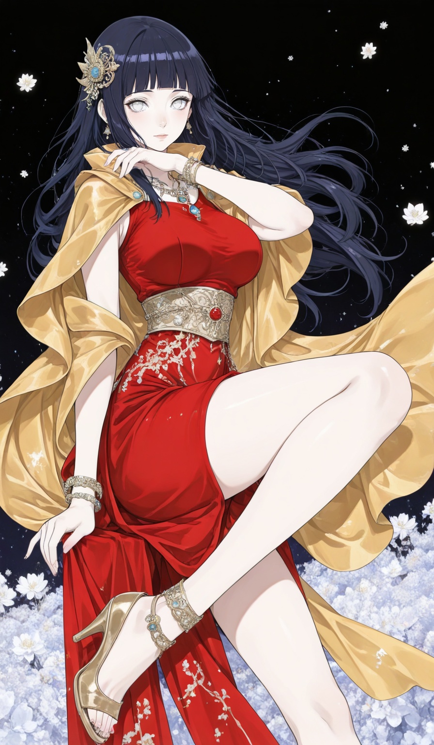 hyuuga hinata Naruto,1girl,hyuuga hinata,solo,long hair,blunt bangs,black hair,(white eyes:1.3),large breasts,no_pupils,1girl,solo,dress,red dress,jewelry,full body,high heels,white background,cape,simple background,necklace,standing,bracelet,hair ornament,looking at viewer,depth of field,masterpiece,best quality,very aesthetic,alternate costume,alternate costume,2024,2023,perfect composition,ultra-detailed,extreme aesthetic,masterpiece,best quality,good quality,newest,year 2024,year 2023,very aesthetic,absurdres,looking_at_viewer,colorful,<lora:色彩滤镜:0.81>,lvjing,black_background,