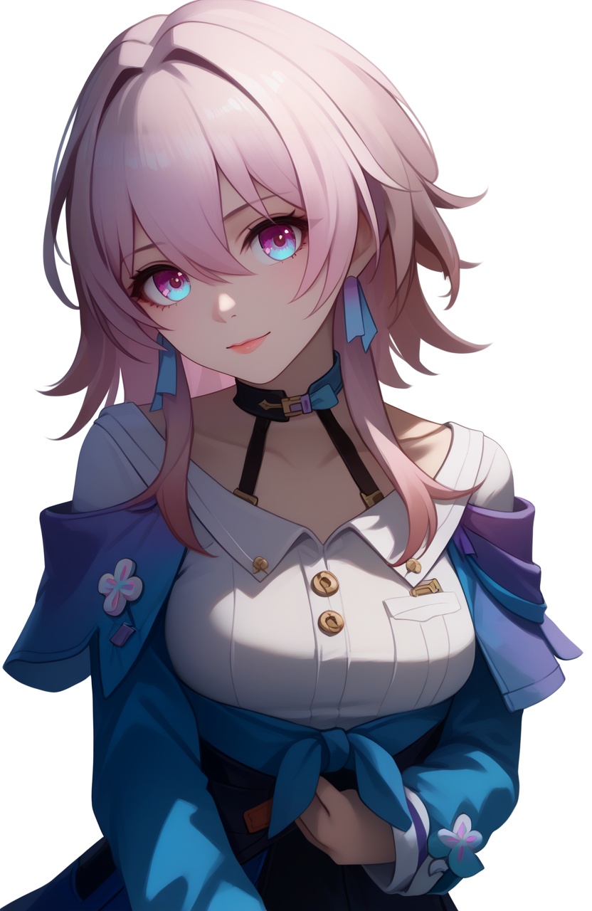 <lora:三月七4pony:1.2>,march 7th (honkai: star rail),a girl named march 7th (honkai: star rail),1girl,solo,looking at viewer,long sleeves,white shirt,black choker,blue jacket,tied jacket,single earring,flower ornament,blue skirt,black corset,collarbone,detailed eyes,multicolored eyes,, (score_9,score_8_up,score_7_up),(masterpiece,best quality,high quality:1.2),absurdres, 4k, uncensored, prefect lighting, rating_explicit, very aesthetic, anime BREAK