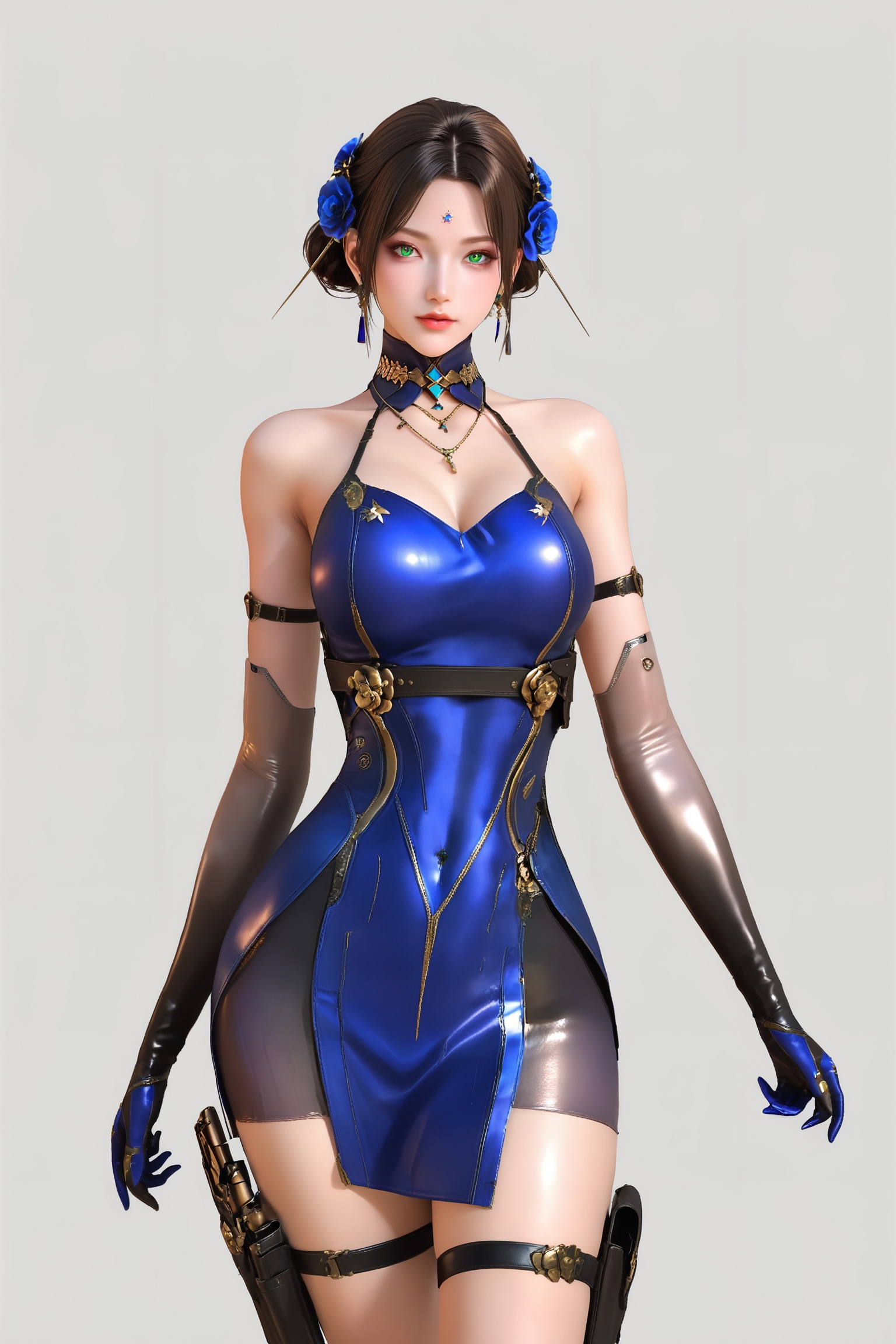 score_9,score_8_up,score_7_up,1girl,gloves,solo,dress,jewelry,elbow gloves,breasts,looking at viewer,hair ornament,blue dress,earrings,brown hair,green eyes,flower,standing,hair flower,hair bun,holster,thigh strap,white background,gun,weapon,necklace,simple background,<lora:N步练师保卫者THV3:0.8>,