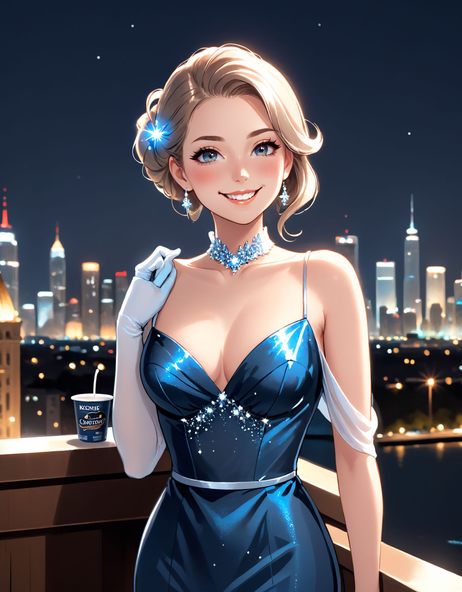 Photo of a stunning woman with K-cup bust,  wearing a glamorous evening gown,  standing in front of a city skyline at nigh...