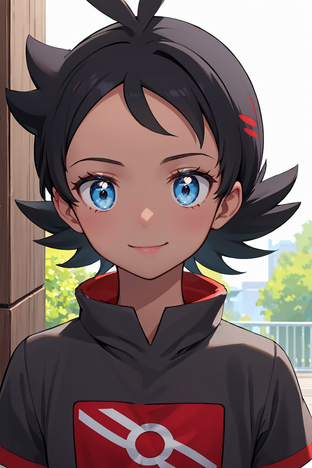 masterpiece,best quality, highly detailed, 1boy,closed mouth,goh (pokemon),looking at viewer,male focus,grey shirt,solo,smile,short sleeves,upper body,<lora:goh_(pokemon):1>
