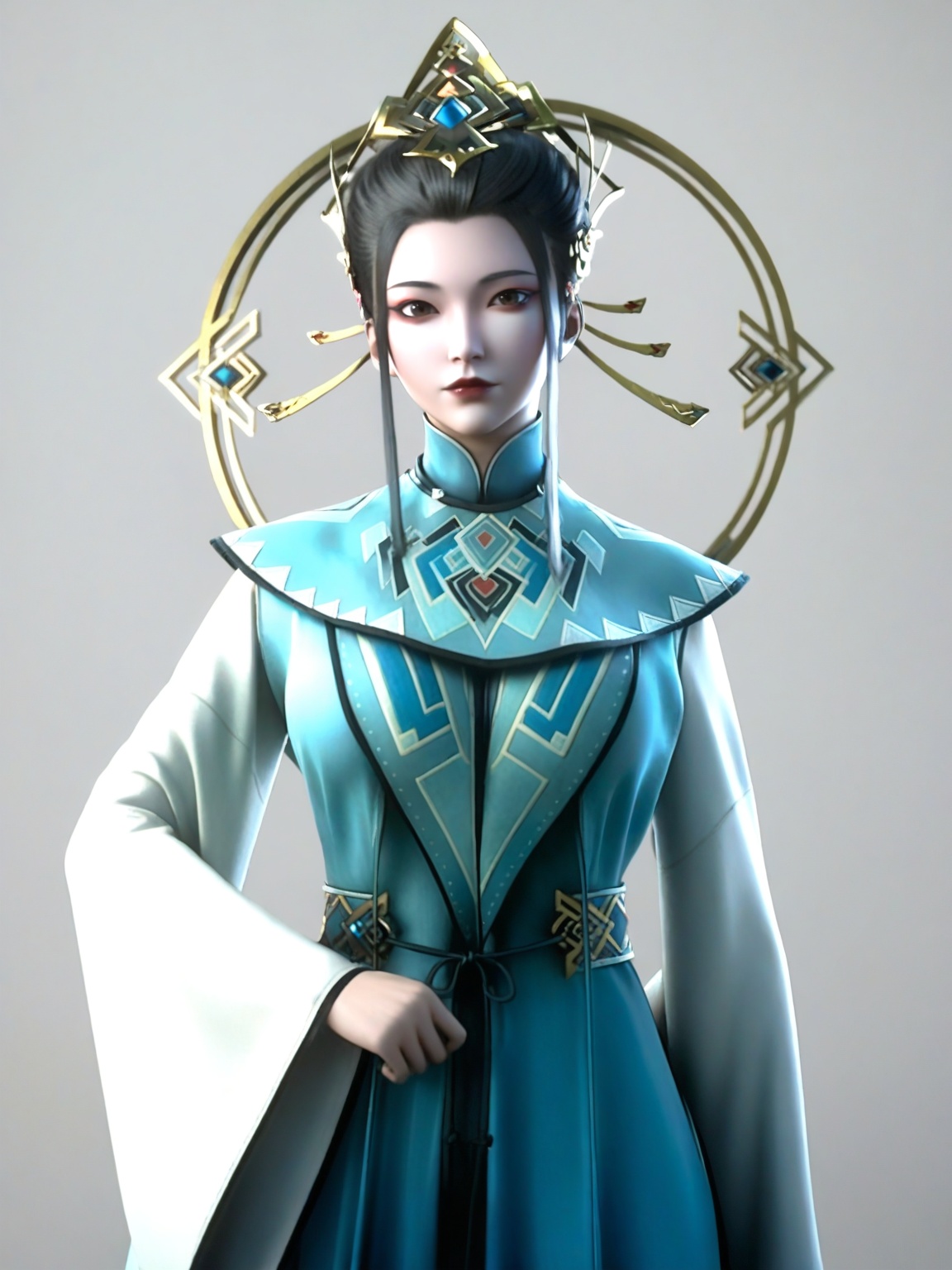 score_9,<lora:SF_JiaLan_Pony_Realism2.3-000004:0.7>,hair ornament,black hair,dress,long hair,eyeshadow,1girl,breasts,large breasts,dress,hanfu,solo,looking at viewer,white background,simple background,cowboy shot,