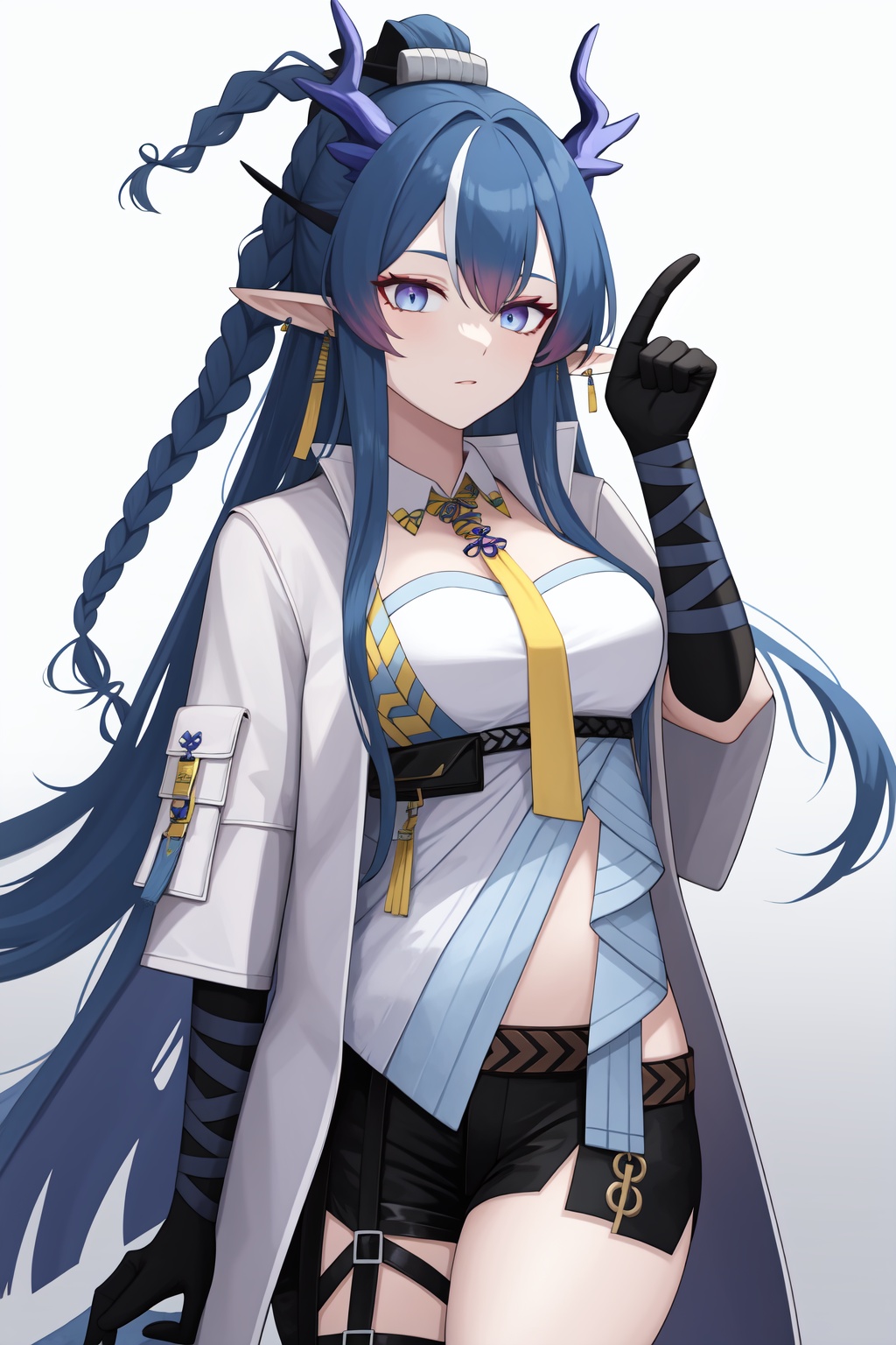 <lora:令:1:lbw=char>, ling,a girl named ling,blue hair,long hair,1girl,horns,pointy ears,dragon horns,blue eyes,jewelry,earrings,gloves,necktie,braid,open clothes,yellow necktie,coat,shorts,, (masterpiece,best quality:1.2),absurdres, high quality,