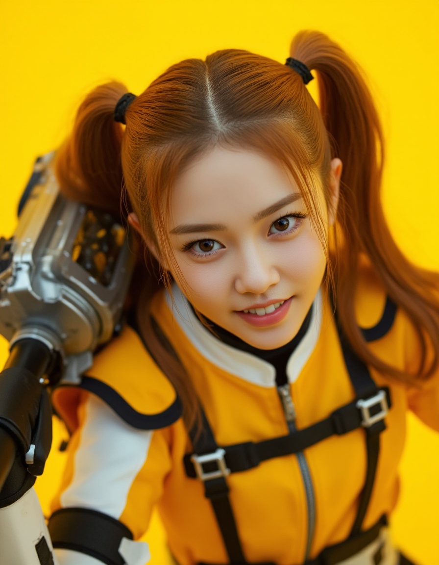 Masterpiece, Top quality, beautiful Korean woman, doll-like face, clean skin, neat honey-brown twintails, bright challenging grin, school jersey-style power suit, armored panels, active pose, giant high-tech warhammer, resting on shoulder, intensely saturated monochromatic citrine-yellow background, POV, high angle, face-focused close-up, looking up at viewer, massive warhammer head, visible behind her, framing face