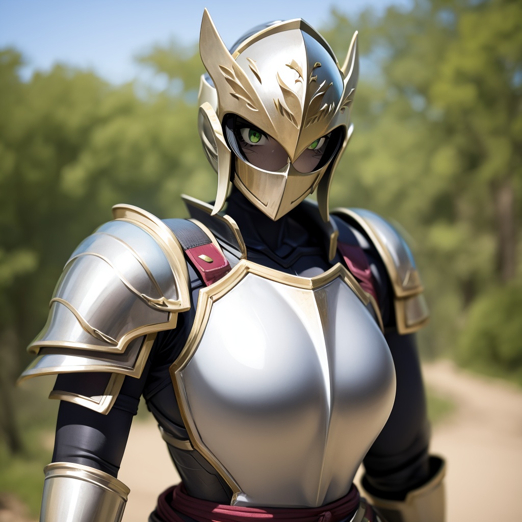 1girl, armor, solo, helmet, shoulder armor, pauldrons, upper body, looking at viewer, gorget, green eyes, breastplate, knight, blurry, full armor