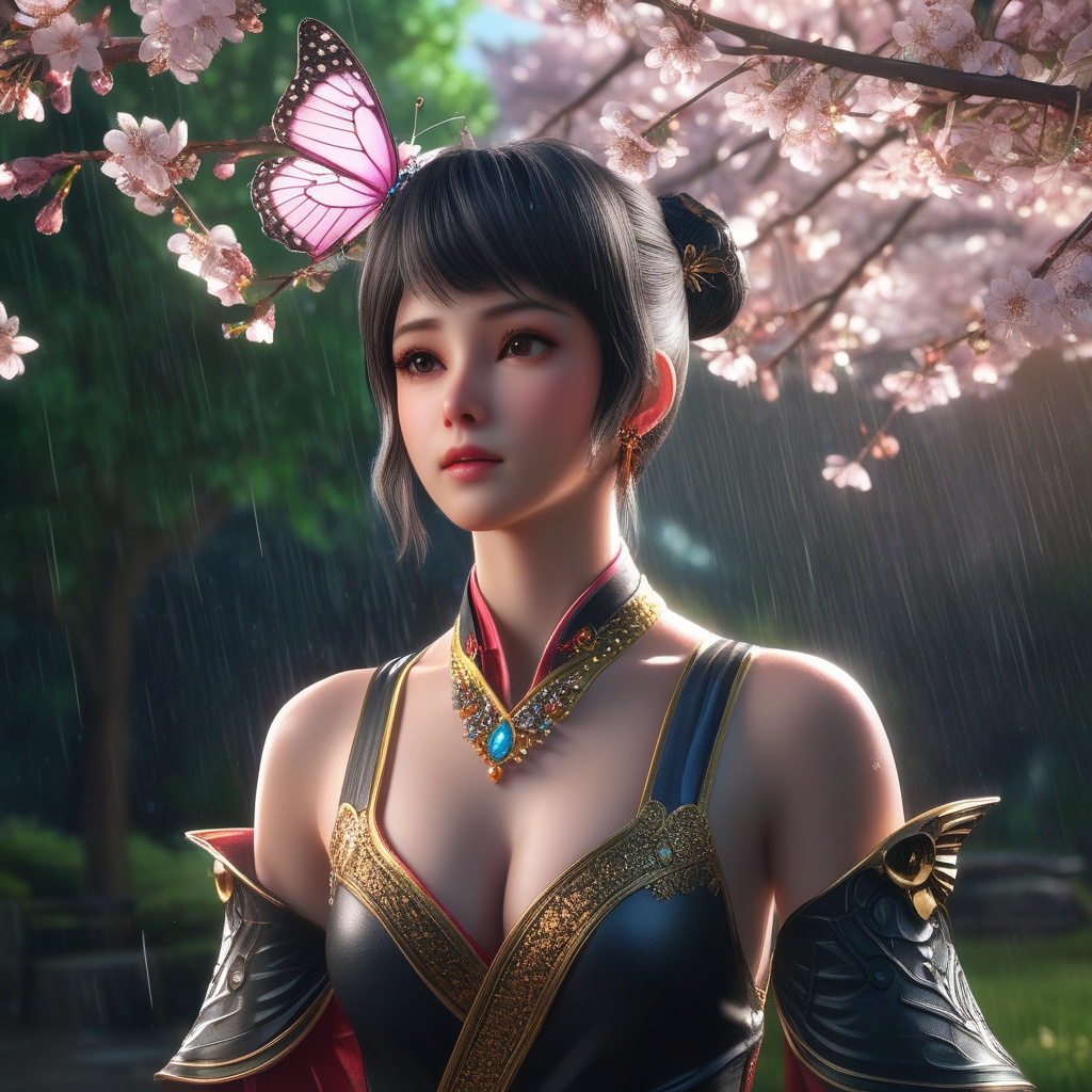 <lora:845-DA-XL-元龙-高瑶:0.8>, (,1girl, ,best quality, ),,  ,,ultra detailed 8k cg, ultra detailed background ,ultra realistic 8k cg,          cinematic lighting, cinematic bloom, (( , )),,  , unreal, science fiction,  luxury, jewelry, diamond, pearl, gem, sapphire, ruby, emerald, intricate detail, delicate pattern, charming, alluring, seductive, erotic, enchanting, hair ornament, necklace, earrings, bracelet, armlet,halo,masterpiece, (( , )),, realistic,science fiction,mole,   ,cherry blossoms,,(((Best quality, masterpiece, ultra high res, (photorealistic:1.4), raw photo, 1girl, ,rain, , sunlight, sunset,     )))  (cleavage),stylish_pose,  (), butterfly,