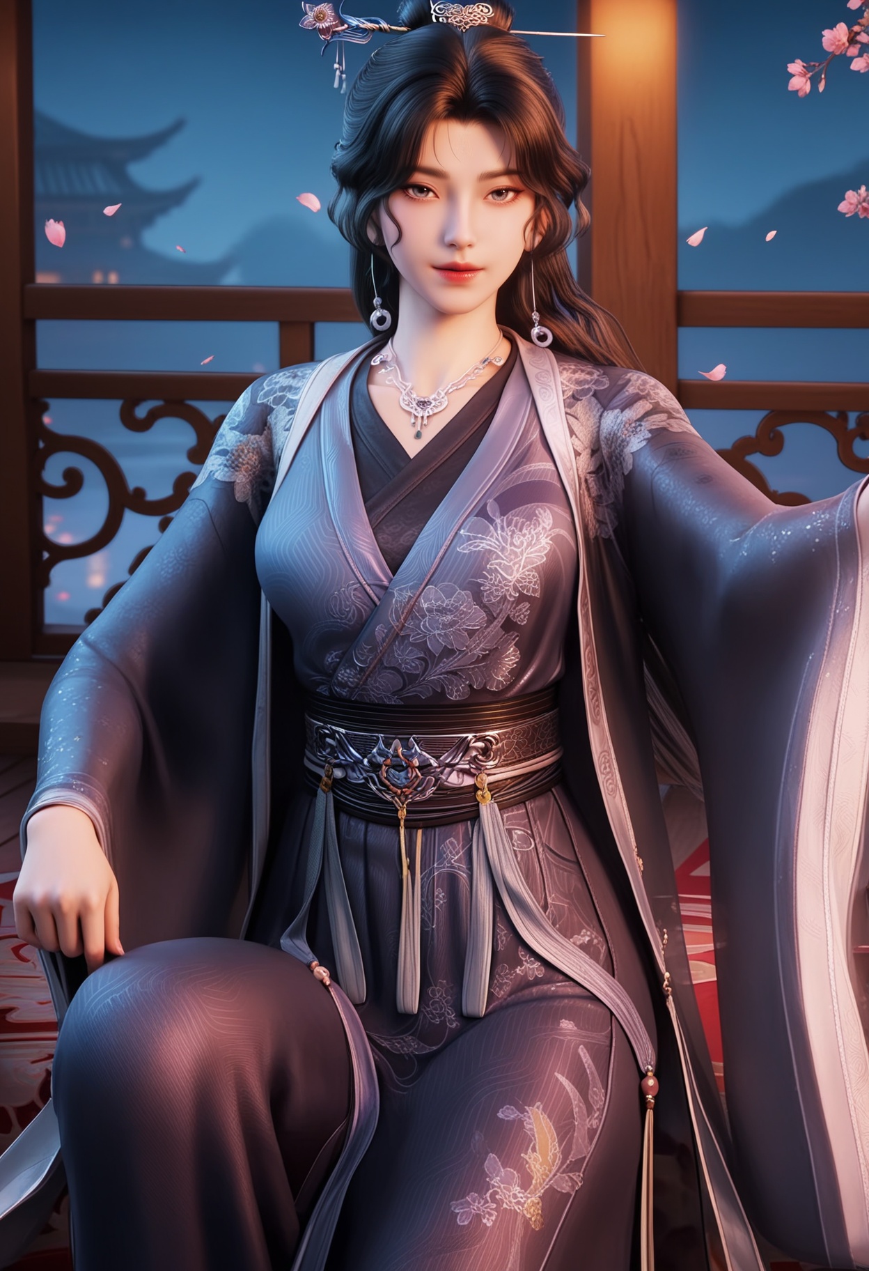 masterpiece,best quality,amazing quality,high resolution,ultra-detailed,absurdres,(looking at viewer:1.1),(Dark room:1.3),(moody lighting:1.1),peach blossom,falling petals,(large breasts:0.8),tszhanglao,1girl,solo,black hair,long hair,chinese clothes,hair ornament,jewelry,hanfu,necklace,realistic,earrings,hair bun,dress,long sleeves,shoes BREAK photorealistic details,<lora:QQSilltszhanglaoV1:0.8>,