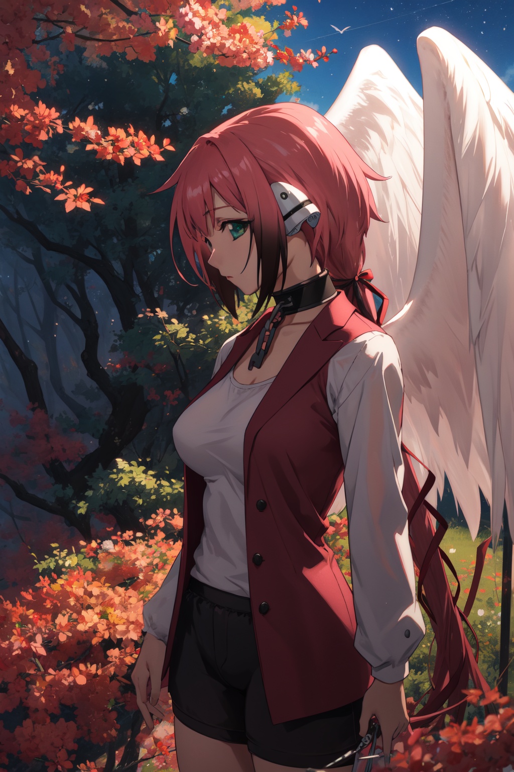 <lora:Ikaros-000009:0.8>,ikaros cyql,1girl,looking at viewer,solo,pink hair,long hair,very long hair,twintails,robot ears,hair ribbon,green eyes,collar,metal collar,chain,wings,angel wings,large breasts,Faux fur vest in a patchwork design,crazy_smile,profile,In fall, maple trees in the valley don fiery red coats, painting the hillsides in vivid hues. Fallen leaves carpet paths in shades of gold,(Canopy walkway, Epiphytes, Rainforest canopy, Exotic birds, Adventure tour, Rainforest ecosystem:0.5),beautiful detailed sky,beautiful detailed glow,posing in front of a colorful and dynamic background,masterpiece,best quality,beautiful and aesthetic,contrapposto,female focus,wallpaper,