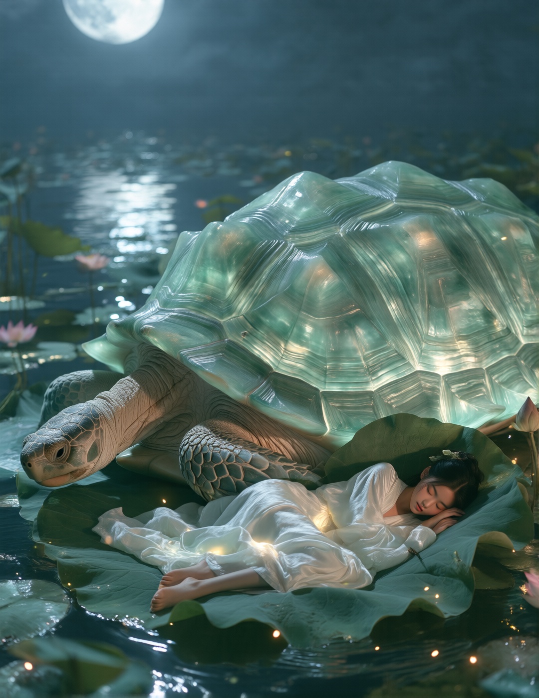 A gigantic turtle with a translucent jade-green shell floats on a lotus pond under moonlight. The shell glows softly from...