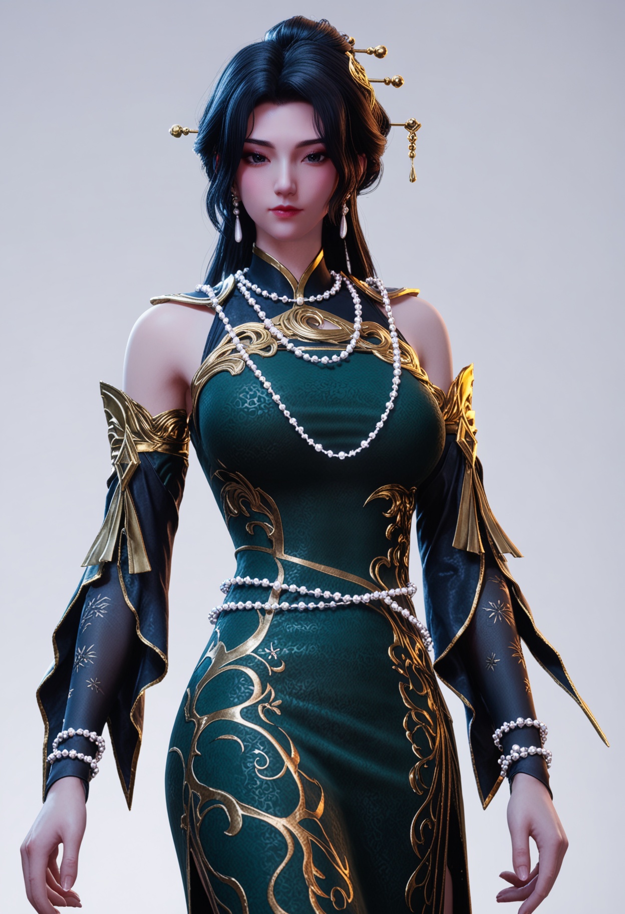score_9,high detail,best quality,cinematic lighting,volumetric lighting,shiny skin,shiny,1girl,solo,black_eyes,black hair,long hair,dress,jewelry,hair ornament,green dress,earrings,detached sleeves,necklace,large_breasts,bracelet,white background,bare shoulders,makeup,simple_background,looking_at_viewer,thighs,<lora:QQSponydishisanyiV1:0.8>,<lora:Pony_DetailV2.0:0.8>,<lora:皮肤凹痕:0.1>,