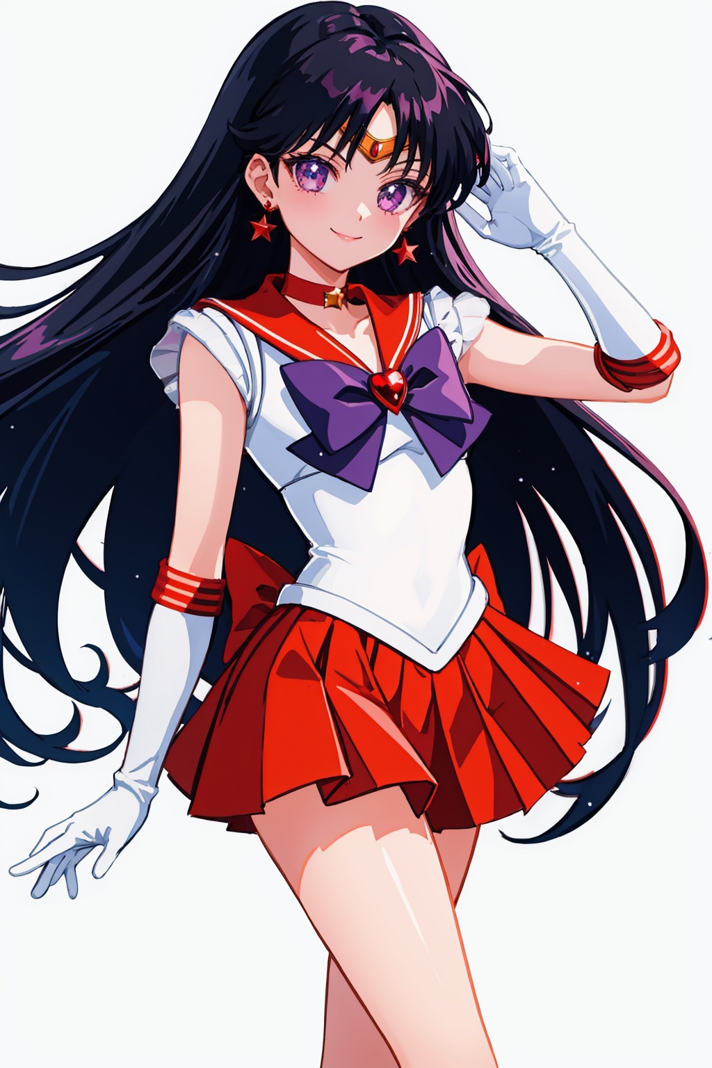masterpiece,best quality, highly detailed, sailor mars,1girl,sailor senshi uniform,solo,red sailor collar,red skirt,star (symbol),white gloves,star earrings,pleated skirt,magical girl,elbow gloves,looking at viewer,tiara,smile<lora:sailor_mars:1>,simple background,white background
