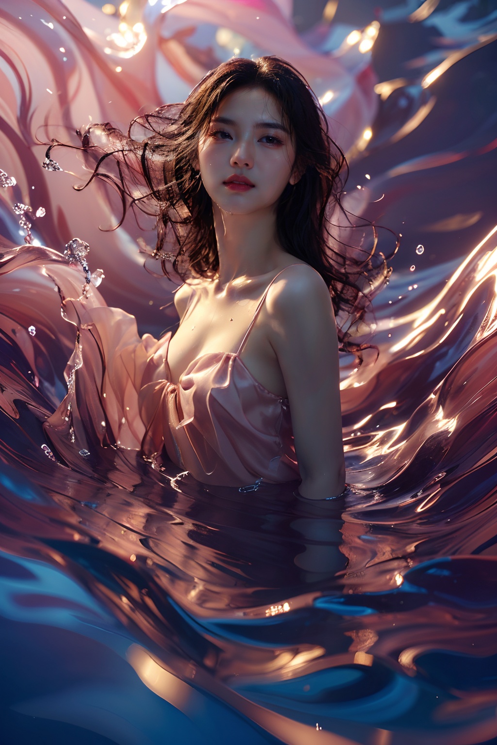 sd mai, piao, 1girl, solo, dress, brown hair, long hair, breasts, water, parted lips, looking at viewer, realistic, lips <lora:飘piao:0.8>