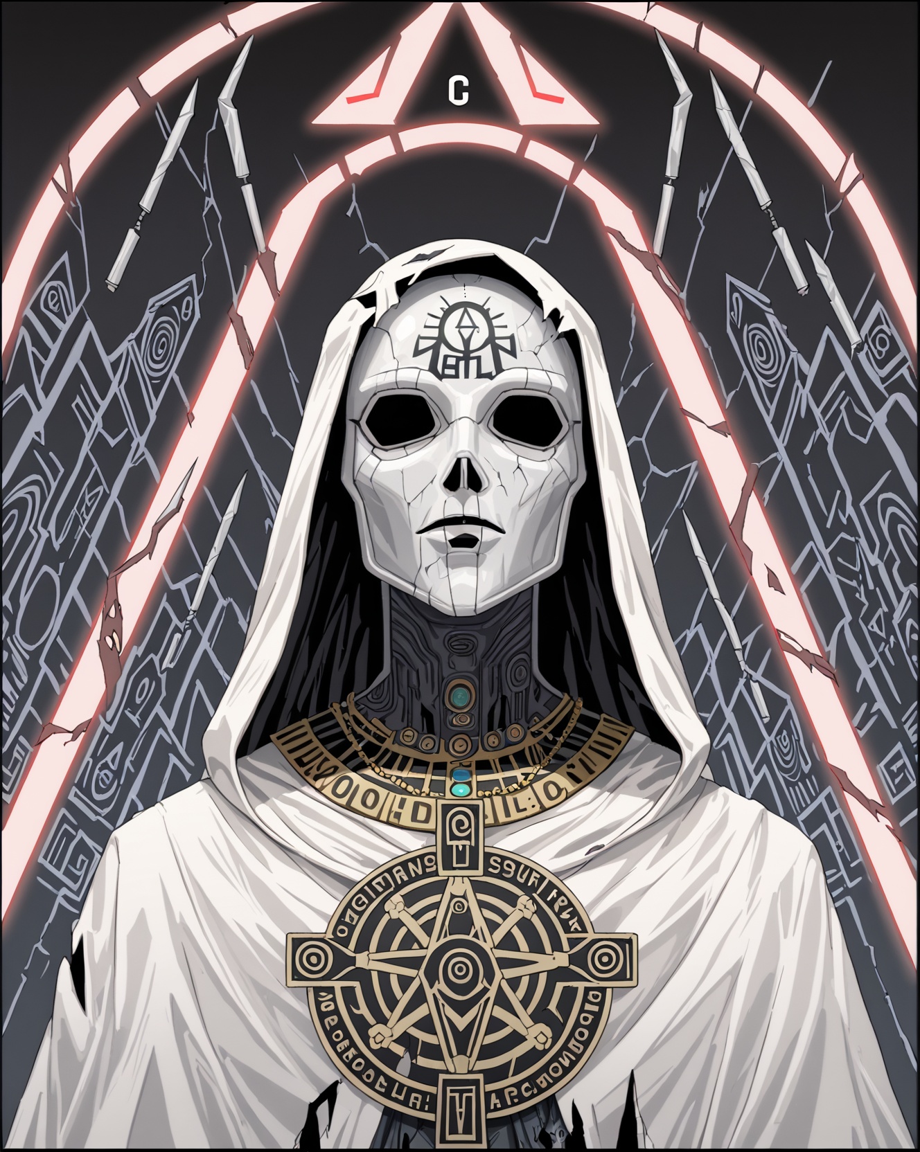 rebnun, polaroid avant-garde portrait, extreme close up on a magical bioluminescent skin, Cult member with white silk robe cloak with chrome mask, engraved with alien hieroglyphics, a lot of strange necklaces, black gloves, religious iconography, sharp detail, very scary, reflections, crystals, textured, eugenics, futuristic, VHS, damaged visual, dark, dystopia, hackers, dusty atmosphere, biopunk <lora:nun-000008:1>