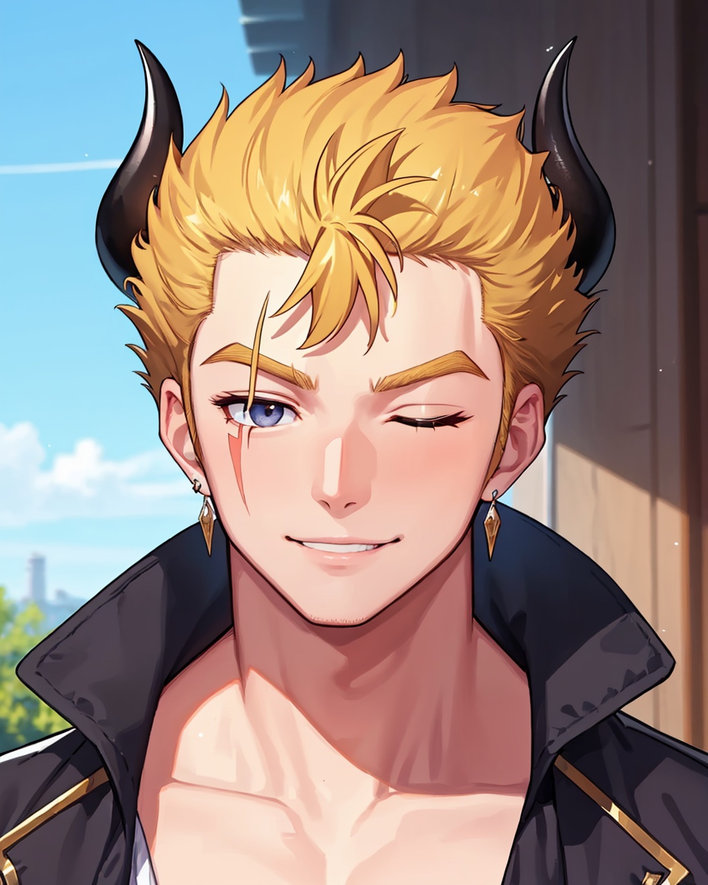 masterpiece,best quality, highly detailed, laxus dreyar,scar across eye, male focus, 2boys, scar on face, solo focus, smile, single earring, one eye closed, close-up, long sideburns, pectorals, sword, horns,<lora:laxus_dreyar:1>