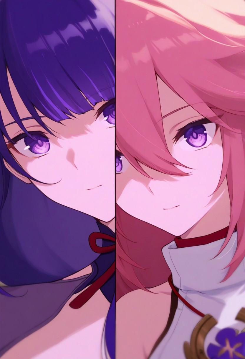 2girls,((horizontal lineup)),yae miko,raiden shogun, dark background,anime coloring,masterpiece, absurdres,rays,masterpiece, best quality, ultra-detailed, very aesthetic, sharp focus, depth of field, vibrant colors, ray tracing, best lighting, detailed illustration, detailed background, cinematic, beautiful face, beautiful eyes