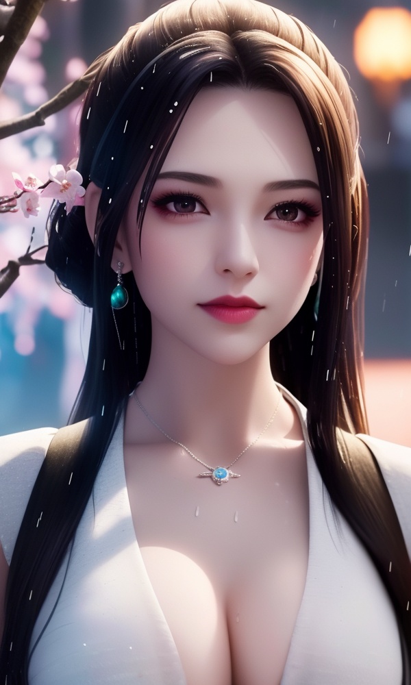 <lora:411-DA-太一剑仙传-季师师:0.8> ,(,1girl, ,best quality, ),looking at viewer, ,ultra detailed 8k cg, ultra detailed background,  ultra realistic 8k cg,          cinematic lighting, cinematic bloom, (( , )),,  , unreal, science fiction,  luxury, jewelry, diamond, pearl, gem, sapphire, ruby, emerald, intricate detail, delicate pattern, charming, alluring, seductive, erotic, enchanting, hair ornament, necklace, earrings, bracelet, armlet,halo,masterpiece, (( , )),,  ,cherry blossoms,(((, night,night sky,,  ultra high res, (photorealistic:1.4), raw photo, 1girl, , rain, sweat, ,wet, )))(( , ))   (cleavage), (), blurry, depth_of_field, blurry_background, 1girl, blurry_foreground, black_hair, mole, solo, lips, motion_blur, nose, makeup,