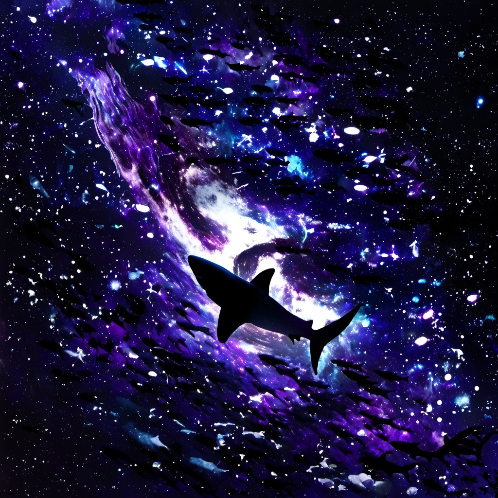 <lora:star_xl_v1:1>,The image showcases a mesmerizing cosmic scene where a silhouette of a shark is swimming amidst a vast expanse of space. The backdrop is a vibrant blend of deep blues, purples, and hints of white, reminiscent of a galaxy or nebula. The shark, with its elongated body and tail, appears to be swimming upwards, with its silhouette contrasting sharply against the luminescent cosmic backdrop. The image evokes a sense of wonder, mystery, and the vastness of the universe., shark, cosmic scene, vast expanse of space, galaxy or nebula, elongated body, tail, silhouette, luminescent, wonder, mystery, universe