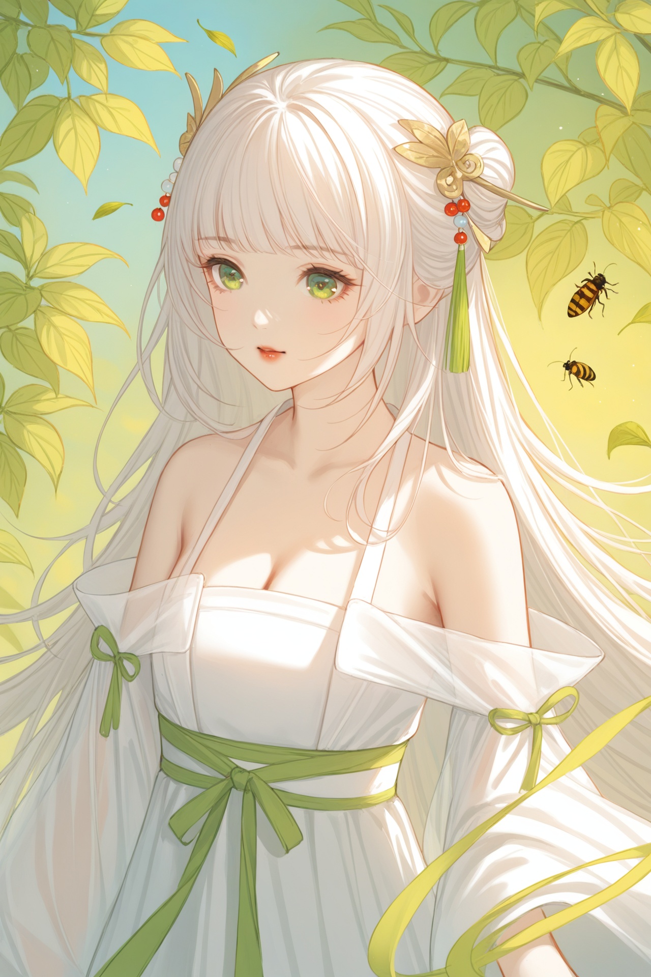 (masterpiece),(best quality),loli,1girl,solo,long hair,green eyes,blonde hair,hair ornament,bare shoulders,hanfu,breasts,dress,chinese clothes,white hair,upper body,leaf,bug,cleavage,white dress,<lora:hansxl-HTⅡ:1>,