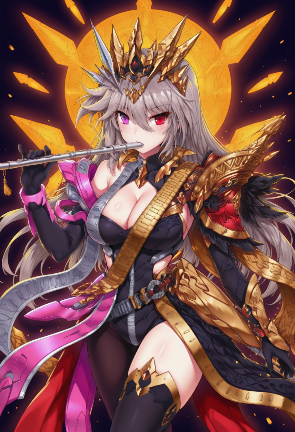1girl,solo,flute,instrument,upper body,holding,<lora:逢魔时王:1>,fmsw,solo,long hair,bangs,red eyes,purple eyes,grey hair,armor,heterochromia,breasts,large breasts,red eyes,thighhighs,gloves,cleavage,black gloves,armor,clothing cutout,heterochromia,asymmetrical legwear,