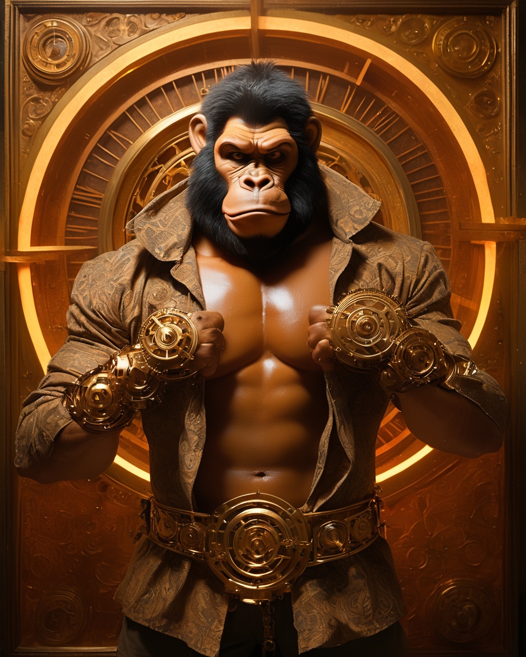steampunk style (Op Art:0.8),(male:1.5),(Donkey Kong 傻猩猩Donkey Kong 大金刚powerful playful gorilla DK Island banana hoard tie-wearing barrel-smashing jungle hero:1.6),(Knolling Photography:0.7),(muscular male:1.3),(backlighting:1.4),(cinematic lighting:1.4),(masterpiece:1.4),super detail,(glass shiny (textured skin):0.3),high details,(back:0.3),(light and shadow:0.6),(burly:0.3),<lora:【写意山水】绝色山海LORA XL-家叔马丁Mr_M_v1.0:0.14>,(sweating  muscular muscle topless fighting barefoot barechest sweating naked:1.6),(well defined:1.5),(clothes:1.6),<lora:XL_LORAneg4all_bdsqlsz_xl_V7>,<lora:次元概念XL_1:0.5>,<lora:魔法阵-[SDXL白棱Lora]_v1.0:0.5>,<lora:XL_LORA_DetailedEyes_V3:0.6>,(cloud and fog:0.8),(close-up:0.6),(upper_body:0.2),(burly:0.1),(portrait:0.8),dim,(muscular:0.3),(vibrant energy:0.6),(fullbody:0.9),<lora:SDXL手绘神秘风塔罗牌_v1.0:0.3>,(true style:1.4),(masterpiece:0.8),(hair:0.5),(analog:0.8),(old photo:0.7),(old fade polaroid:0.6),(furry:0.6),<lora:奇幻特性加强:-0.1>,(dynamic:0.5),(dramatic:0.4),(Luminsm:0.8),(Non-Fiction:0.8),(optical illusion:0.7),(abstract:0.5),(geometric pattern:0.5),(impression of movement:1.1),(traditional dress:0.3),<lora:筑梦工业_ 天神判官-机器人XL_v1.0:0.1>,<lora:dongdongXL0101FANT8Kdep:0.3>,(loincloth:0.3), . antique, mechanical, brass and copper tones, gears, intricate, detailed