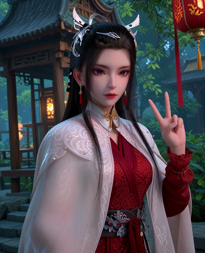(oriental architecture, elegant decor, sophisticated style:1.1),(v, peace sign:1.1),(breasts:1.2),<lora:XL少年白马晏琉璃:0.95>,miss yanliuli,white cape with red dress underneath,brown eyes,hair ornament,earrings,black hair,hanging hair,long hair,sash,long sleeves,white cape,see-through silhouette,, score_9,score_8_up,score_7_up,score_6_up,score_5_up,score_4_up,3d rendering,tag1,tag2, Cinematic Lighting,backlighting,