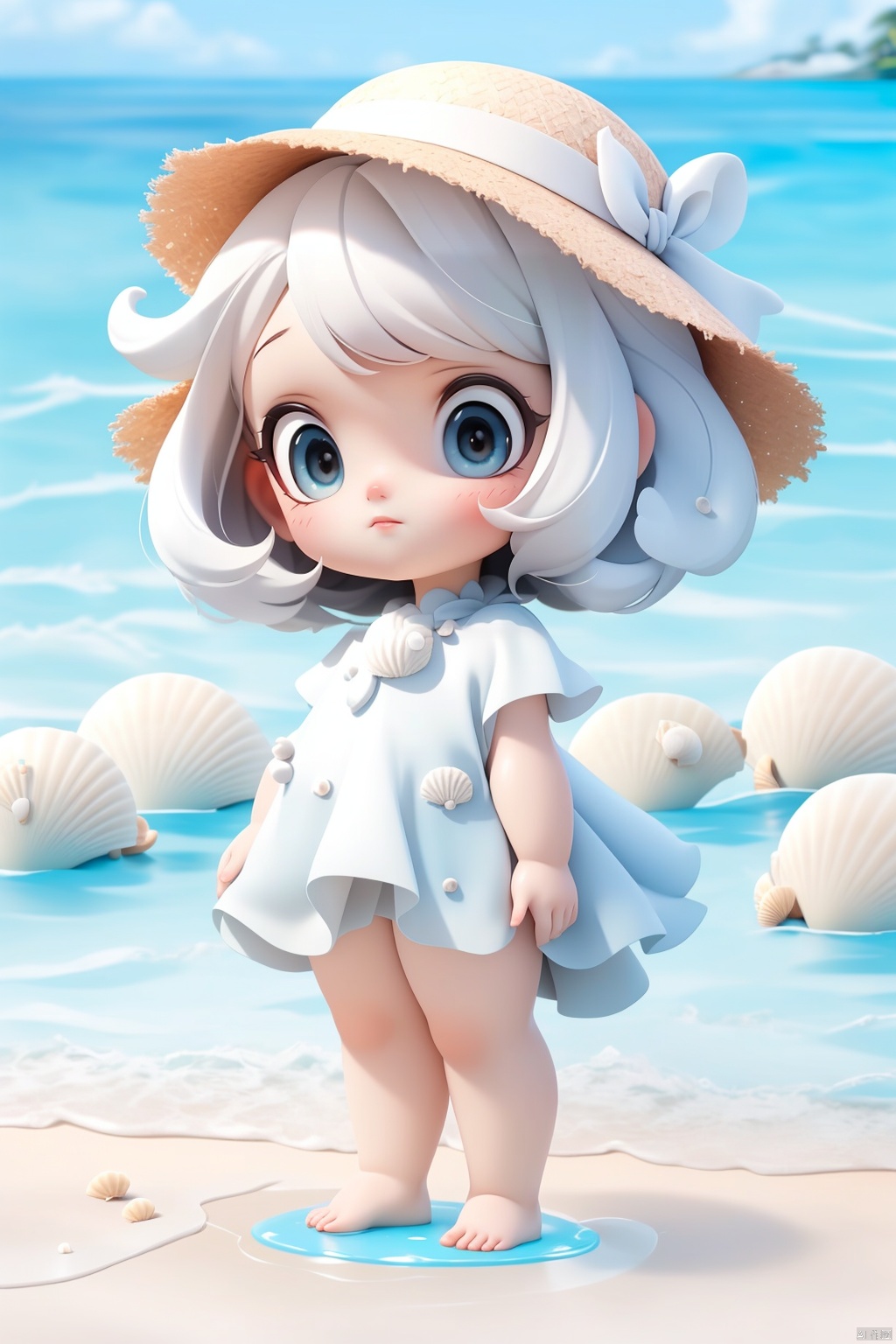 (Girlish body type), (masterpiece), (best quality), Exquisite visuals, high-definition, (ultra detailed), finely detail, ((solo)), (white Silver hair), (gradient Blue), (beautiful detailed eyes), Kawai, loveliness, ,standing, ((full body)), a slightly shy little shell with short white hair, anthropomorphic shells,a center cut, (child:1.2), wearing a white shell outfit and a swimming ring. (((Shell clothes and hats))),The environment is next to the beach, with coconut trees and many seashells on the beach