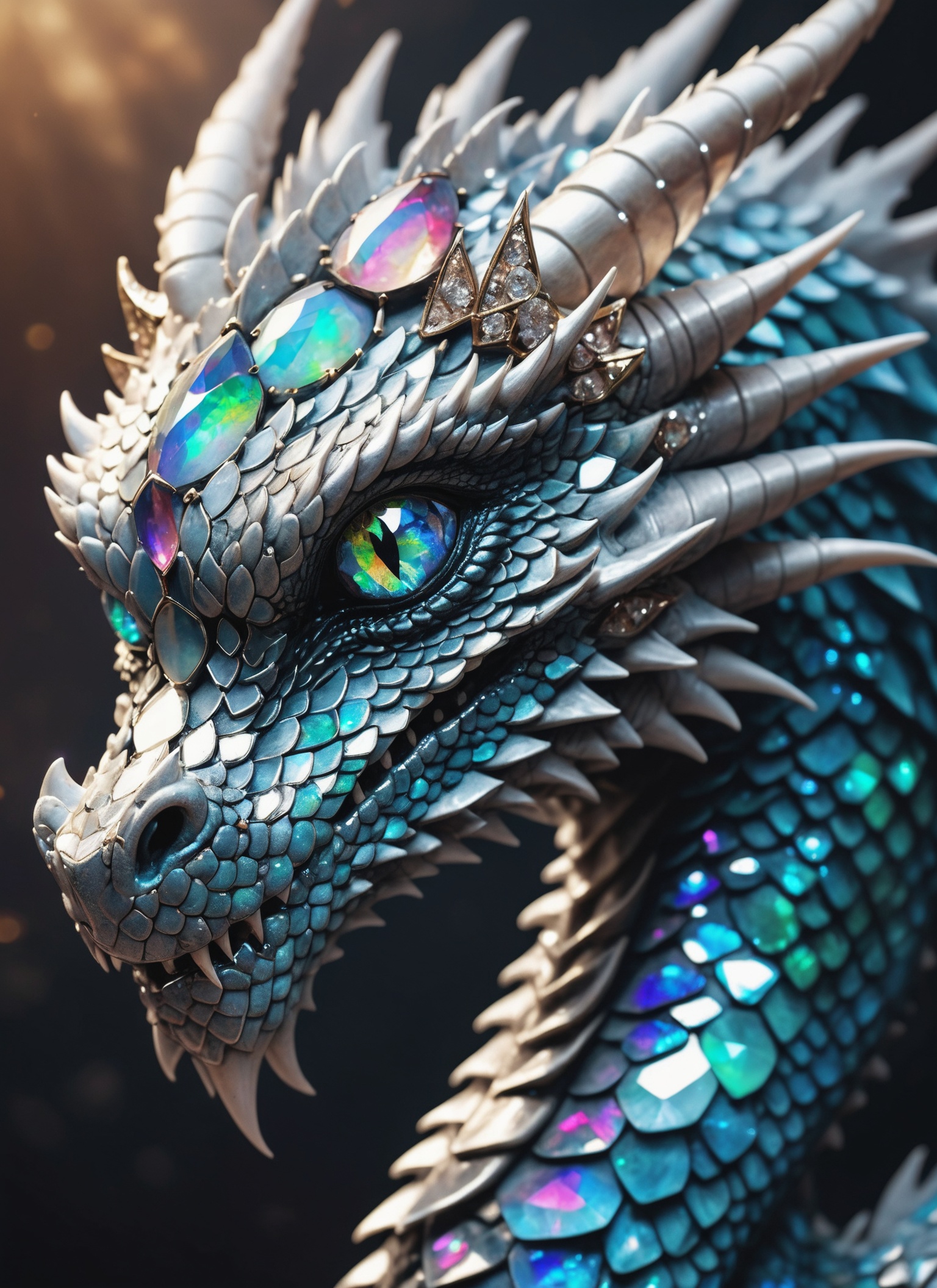 A beautiful portrait photograph of a dragon with diamond and gemstone scales,  opal eyes,  cinematic on Tensor.Art