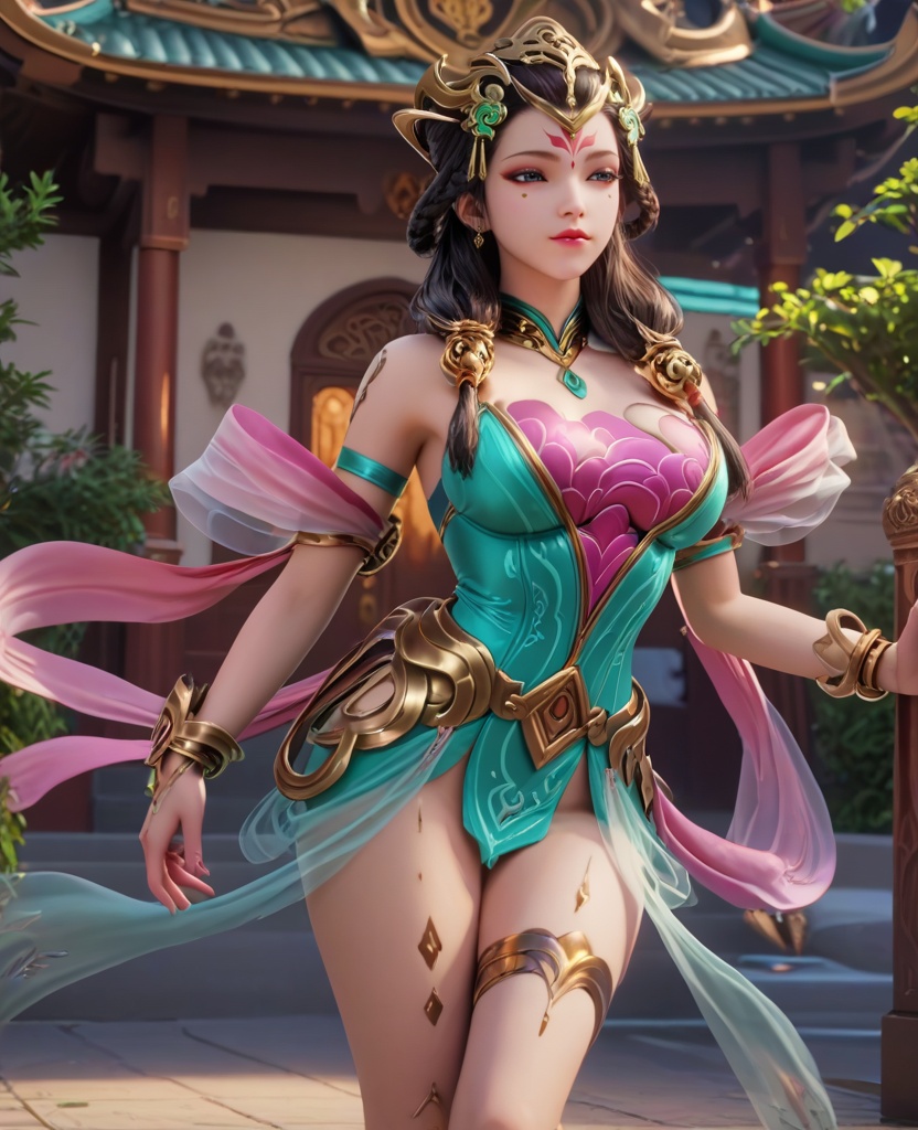 (oriental architecture, elegant decor, sophisticated style:1.1),(Leaning against a wall or tree, hands in pockets, with a casual and carefree expression,:1.1),(large breasts:1.2),(veil:1.1),<lora:XL16王者荣耀杨玉环:0.95>,miss yangyuhuan,green stain mermaid evening gown,pink bra,blue eyes,mole under eye,eyeshadow,forehead mark,black hair,long hair,braid,hair ornament,makeup,bare shoulders,pink silk shawl,bracelet,belt,anklet,, score_9,score_8_up,score_7_up,score_6_up,score_5_up,score_4_up,3d rendering,tag1,tag2, Cinematic Lighting,backlighting,, zPDXL3, zPDXL2,zPDXL, zPDXLxxx, zPDXLrl,