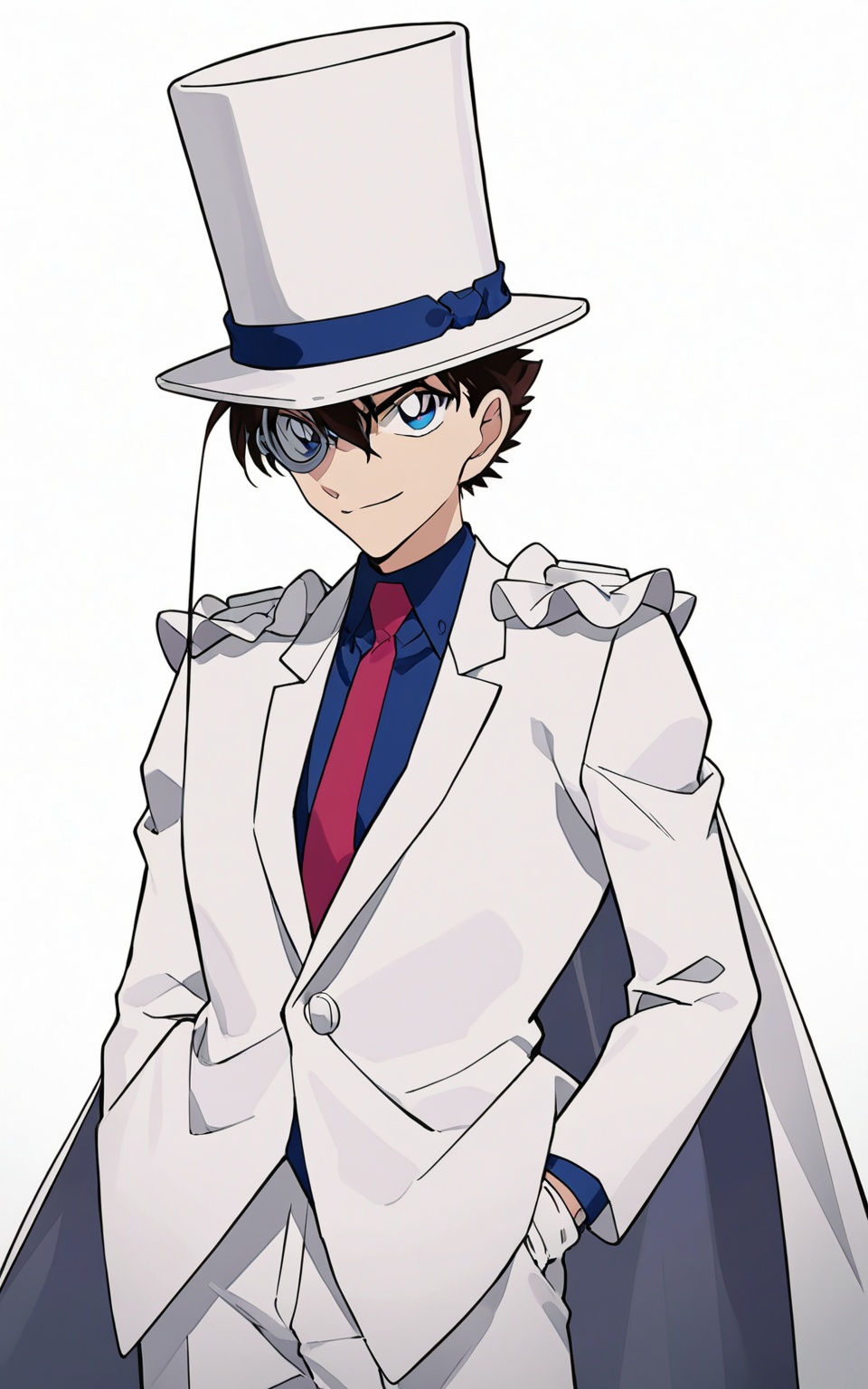 8k, best quality, masterpiece, (ultra-detailed), smile, (standing, medium shot, looking at viewer, white background, clean background:1.5), (pseudo-impasto:0.7), (by ask:0.5), (by rella:0.3), (by mochizukikei:0.3), high resolution, intricate details, solo, close up shot, upper body, <lora:gdkidre-neta-Tanger-000013:0.7>, monocle, gdkit, qinshan artstyle, conan style eyes, 1boy, solo, male focus, cape, hat, top hat, gloves, brown hair, blue eyes, 