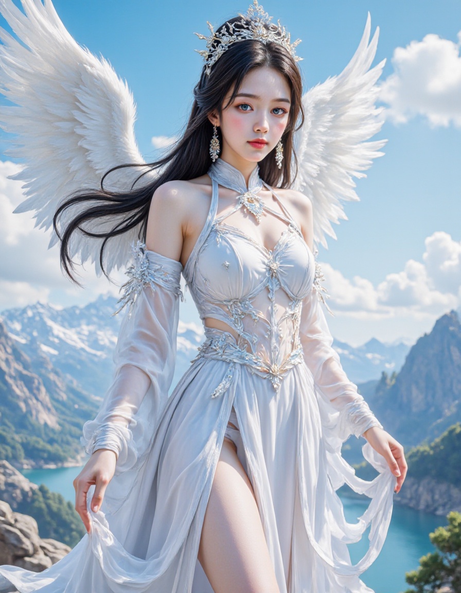 This is a highly detailed digital painting depicting a celestial being with an ethereal, angelic appearance. The subject is a young woman with fair skin, long, flowing black hair adorned with a delicate, sparkling tiara. She has large, luminous blue eyes and a serene expression, with subtle makeup highlighting her delicate features. Her wings, which are intricately detailed with feathers that transition from white to a soft blue at the tips, extend gracefully from her back.She is dressed in an elaborate, white, flowing gown that resembles a traditional Chinese cheongsam, but with a more ethereal and celestial twist. The gown is adorned with intricate patterns, gemstones, and lace, giving it a regal and magical appearance. It features a high neckline, long sleeves, and a high slit on one side, revealing her thigh.The background is a serene, ethereal landscape with a clear blue sky dotted with fluffy white clouds. In the distance, there are rugged, snow-capped mountains and a serene lake, contributing to the mystical and otherworldly atmosphere. The overall color palette is dominated by whites, blues, and soft pastels, enhancing the ethereal and dreamlike quality of the image.