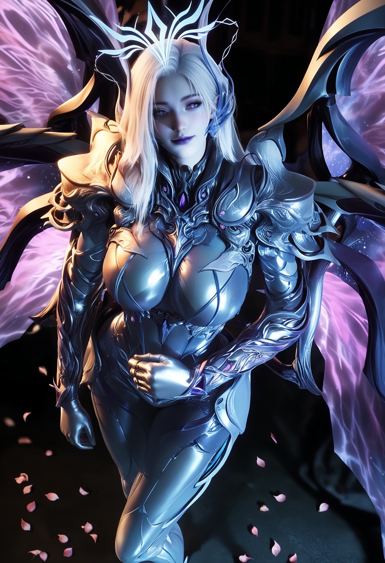 masterpiece,best quality,amazing quality,very aesthetic,high resolution,ultra-detailed,absurdres,scenery,photorealistic,(looking at viewer:1.1),(Dark room:1.3),(moody lighting:1.1),peach blossom,falling petals,(large breasts:1.2),nancheng,1girl,solo,white hair,armor,wings,purple lips,long hair,blue eyes,purple eyes,bodysuit,closed mouth,shoulder armor,makeup,glowing,halo,blue skin,colored skin,high heels BREAK photorealistic details,<lora:QQSillnanchengV1:0.8>,