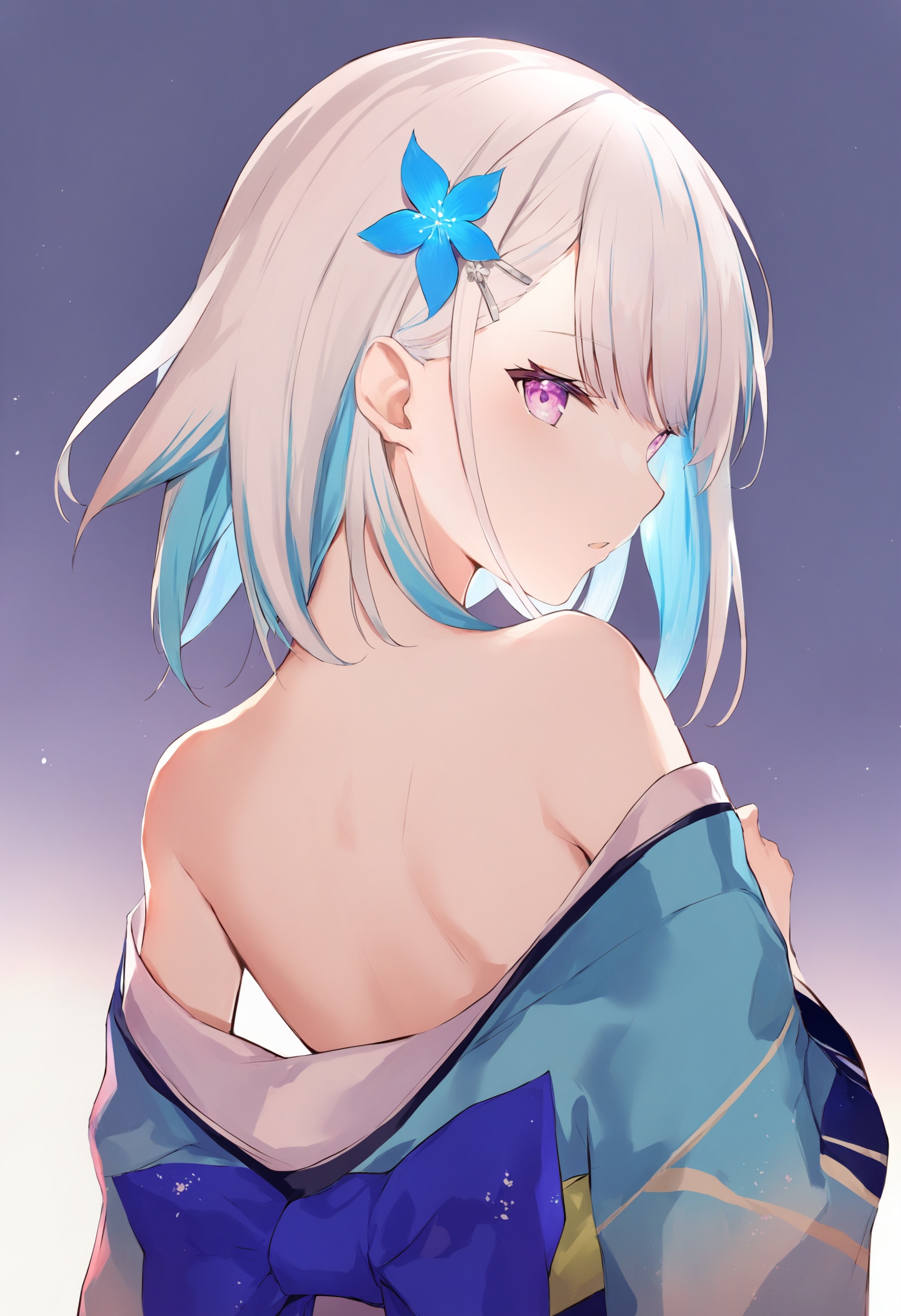 best quality, masterpiece,1girl, lize helesta, virtual youtuber, solo, hair ornament, japanese clothes, looking back, kimono, flower, blue hair, multicolored hair, off shoulder, hair flower, looking at viewer, white hair, bare shoulders, white background, upper body, purple eyes, back, short hair, from behind, bangs, parted lips, simple background, two-tone hair, kimono pull ,_背景<lora:lpmyaXLlokr4f-000143:1>