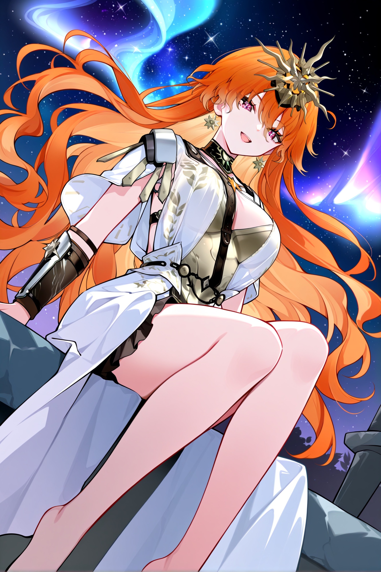 augusta\(Wuthering Waves\), 1girl, breasts, solo, long hair, barefoot, jewelry, orange hair, earrings, sitting, dress, looking at viewer, bare legs, purple eyes, virtual youtuber, legs, large breasts, white dress, hair between eyes, aurora, smile, star \(sky\), night, dutch angle, open mouth, very long hair, bracer, toes, cleavage, armor, starry sky, sky