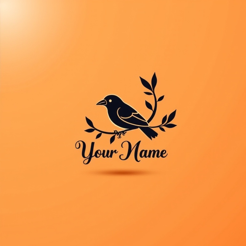 black and white logo,bird perched on a branch with leaves,"your name" in cursive font below,minimalist style,clean lines,geometric shapes,black,white,orange colors,gradient orange and brown background,natural light from top left,soft shadows,<lora:印纹(2):1>,