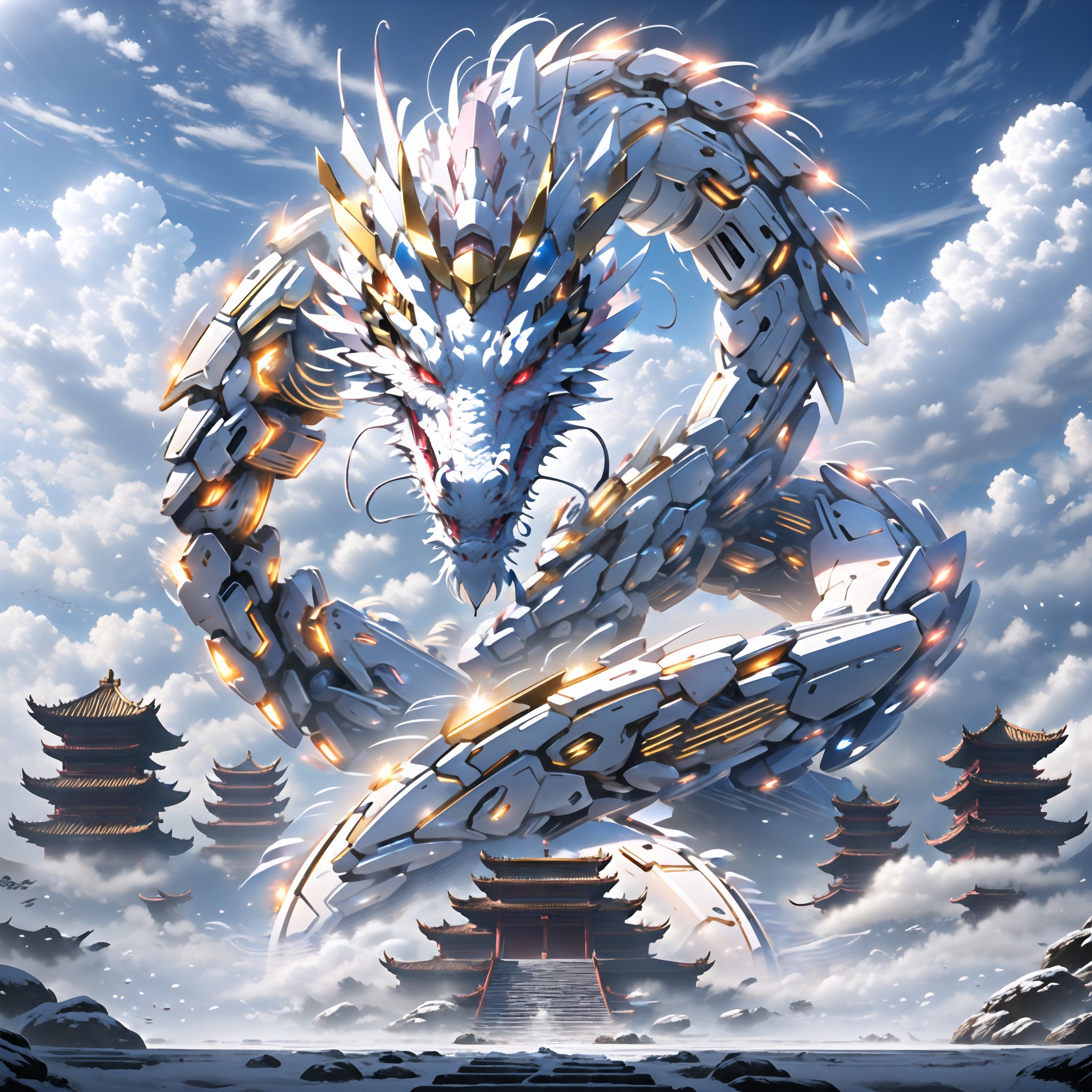 a mecha dragon,<lora:mecha_loong_v1:0.7>,8k,High quality,high quality,morning sunshine,glowing body,mechanical joint,orange led light,high detailed mecha,high-precision mecha,mecha,exoskeleton mechanical armor,mecha dragon,a dragon is flying through the air with clouds in the background and a building in the foreground with a sky background,red eyes,outdoors,horns,sky,growing joint,day,cloud,blue sky,no humans,glowing,cloudy sky,scenery,dragon,architecture,east asian architecture,eastern dragon,pagoda,building,flying,jet device,high detailed,white mecha,HD,black joint,