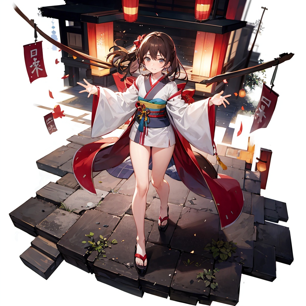 (masterpiece, best quality),[(white background:1.5)::5],(wide shot:0.95),(full body),Dynamic angle,from_above,solo,1girl,bishoujo,naughty_face,walking,ofuda around,brown hair,short_kimono,(ancient architecture in background:1.2),night sky,complex background,lantern/lamp,particle effects,Tyndall effect,