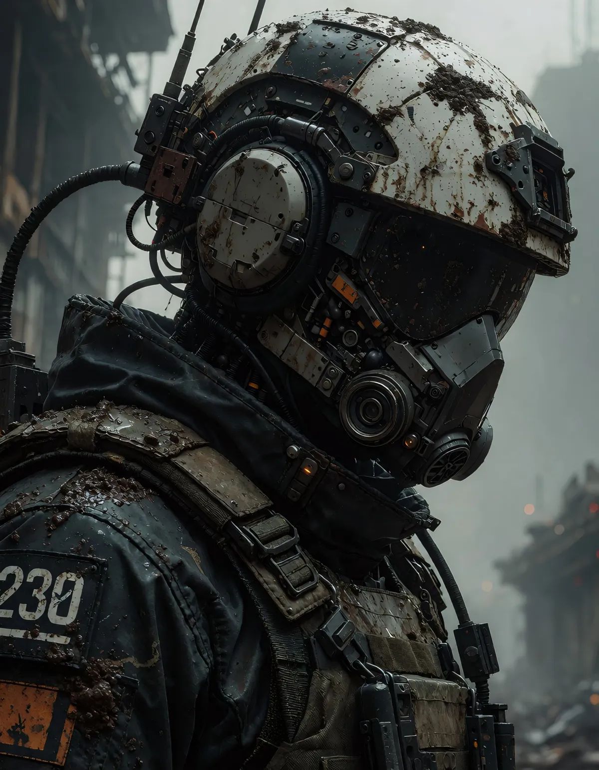 A dark grimy post-apocalyptic industrial scene,  heavily textured grunge aesthetic. Close-up side profile of a soldier wea...