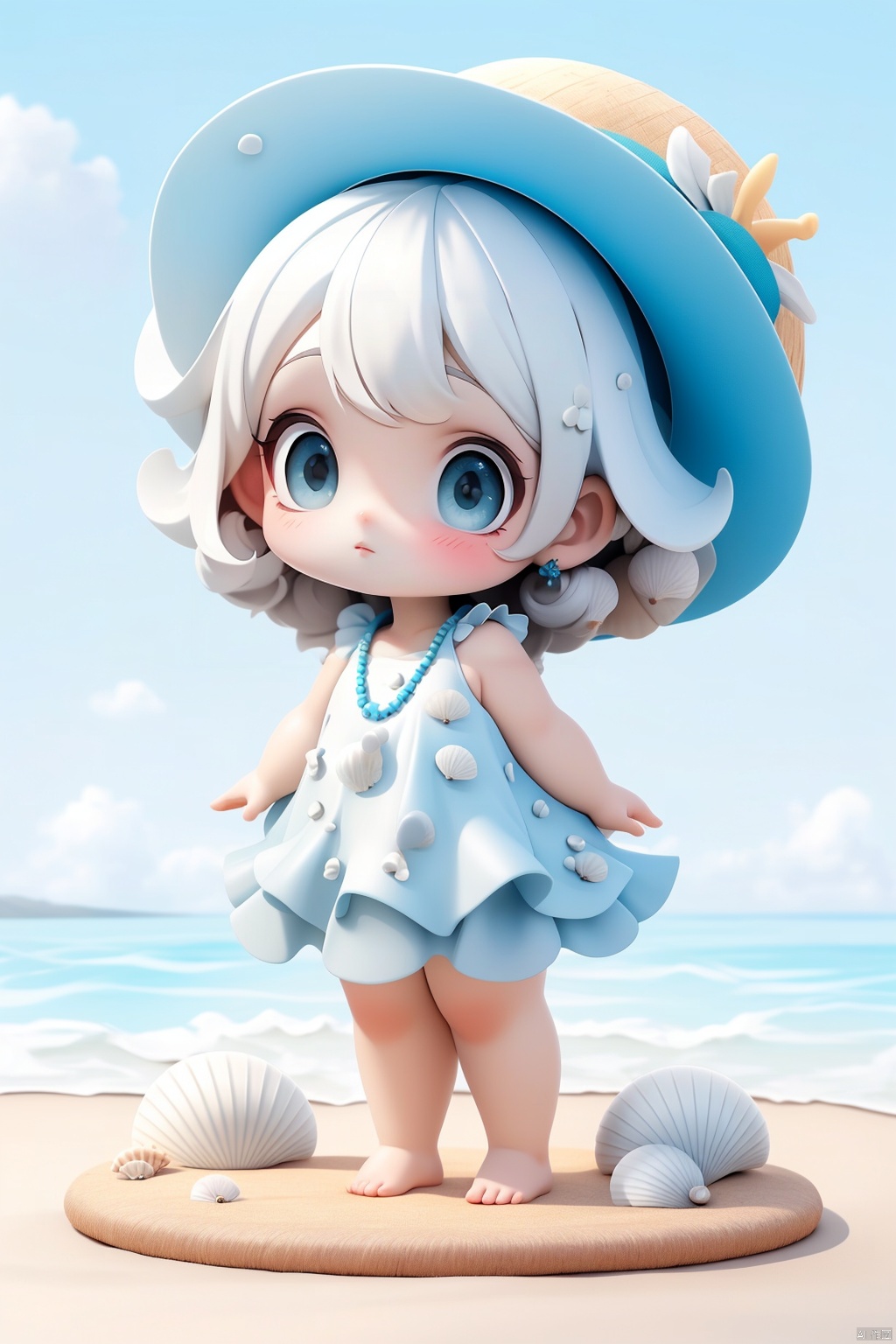 (Girlish body type), (masterpiece), (best quality), Exquisite visuals, high-definition, (ultra detailed), finely detail, ((solo)), (white Silver hair), (gradient Blue), (beautiful detailed eyes), Kawai, loveliness, ,standing, ((full body)), a slightly shy little shell with short white hair, anthropomorphic shells,a center cut, (child:1.2), wearing a white shell outfit and a swimming ring. (((Shell clothes and hats))),The environment is next to the beach, with coconut trees and many seashells on the beach