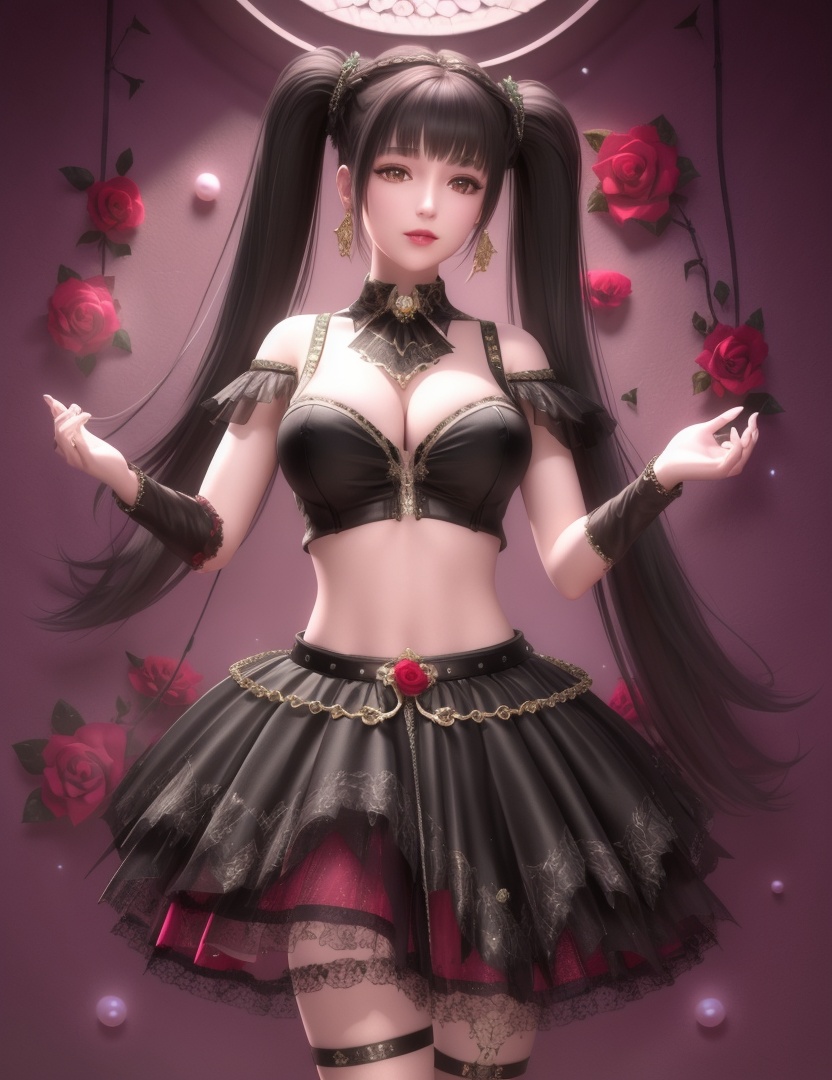 ultra realistic 8k cg, picture-perfect face, flawless, clean, masterpiece, professional artwork, famous artwork, cinematic lighting, cinematic bloom, perfect face, beautiful face, fantasy, dreamlike, unreal, science fiction , beautiful clothes, lace, lace trim, lace-trimmed legwear,  (rich:1.4), prestige, luxury, jewelry, diamond, gold, pearl, gem, sapphire, ruby, emerald, intricate detail, delicate pattern, charming, alluring, seductive, erotic, enchanting, hair ornament, necklace, earrings, bracelet, armlet,halo((,1girl, pov,))  (((,multiple_girls, 2girls, flower, rose, multicolored_hair, midriff, twintails, skirt, gigantic breasts, looking at viewer, )))   <lora:DA_ChloeNightWings:0.6>