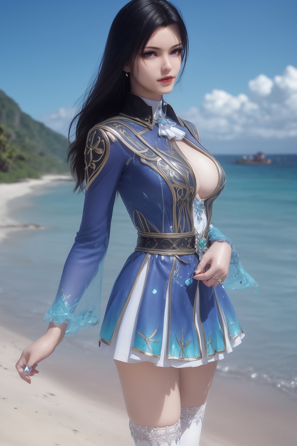 photo_\(medium\),(8k, RAW photo, best_quality),(masterpiece:1.2),(realistic:1.2),(photorealistic:1.3),(ultra-detailed),(extremely_detailed_cg_8k_wallpaper),(crystal_texture_skin:1.3),(shiny:1.2),(shiny_skin:1.4),(extremely_delicate_and_beautiful),shenfengLingLuoChen,1girl,solo,dress,ascot,skirt,torogao,breasts,large breasts,white thighhighs,long sleeves,standing,jewelry,hair ornament,lips,realistic,looking at viewer,Summer,Beach,Sea,sunshine,<lora:shenfengLingLuoChen_20240512215006-000005:0.7>,