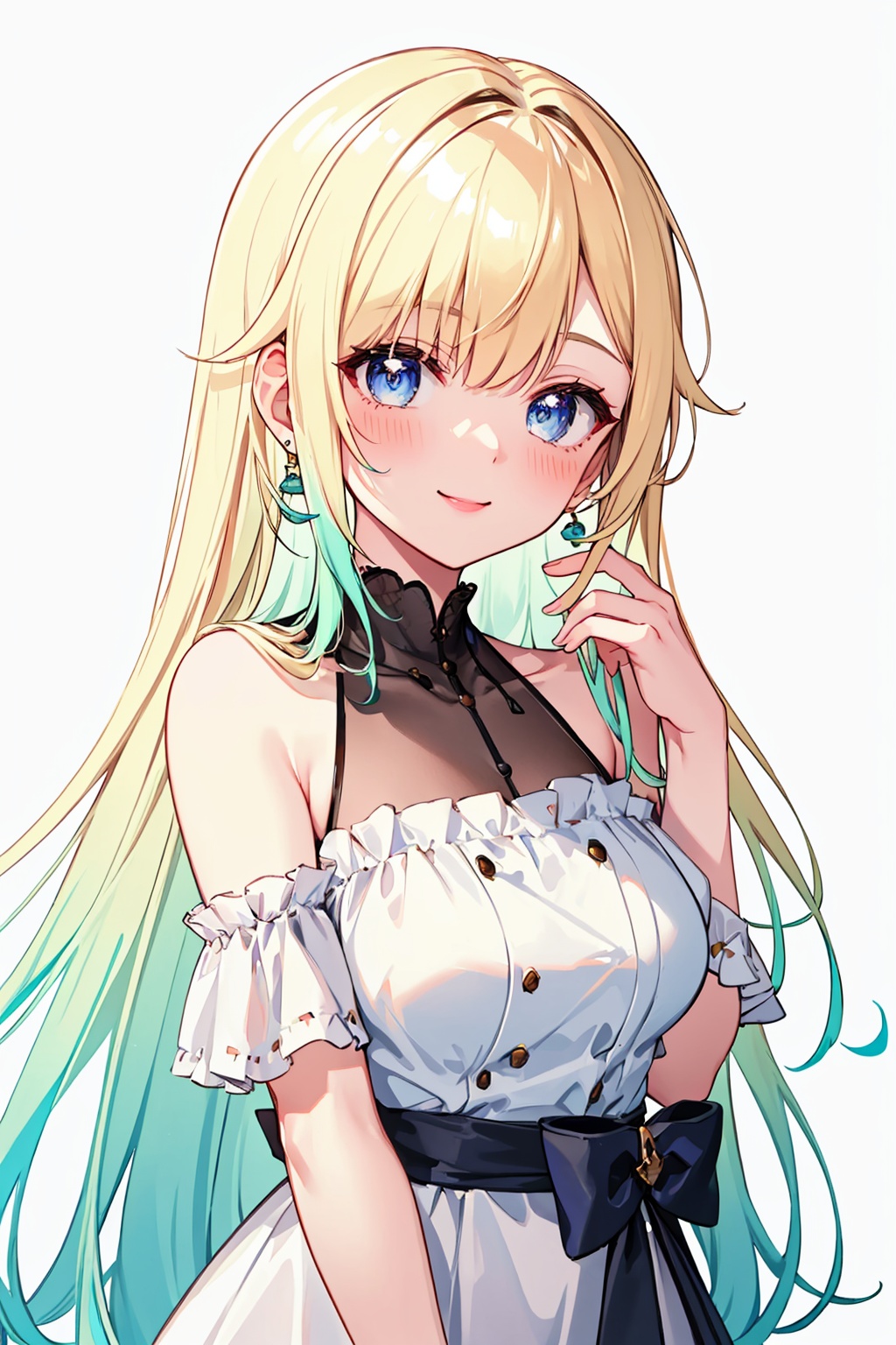 masterpiece,best quality, highly detailed, aizawa ema,1girl,solo,looking at viewer,smile,earrings,bare shoulders,blush,virtual youtuber<lora:aizawa_ema:1>,simple background,white background